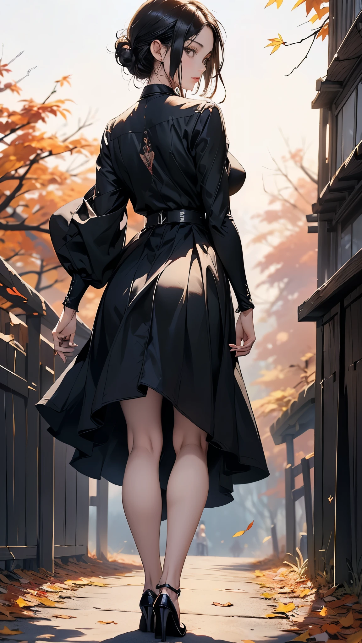 ((Biologically correct limb count))、(( A full-body illustration from toes to face))、4K、Masterpiece、((Eyes with delicate depictions、Detailed depiction of faces、Focus on the face))、((Symmetrical, well-proportioned facial features))、Beautiful woman、Outstanding style、Beautiful clavicle、Beautiful legs、Beautiful Hands、Slender Body、(shirt、skirt、High heels)、Looking up、High angle、The background is a beautiful park with autumn leaves、((Walking posture))、Black Hair、((Back view))、((Looking back))、Tattoo on back、