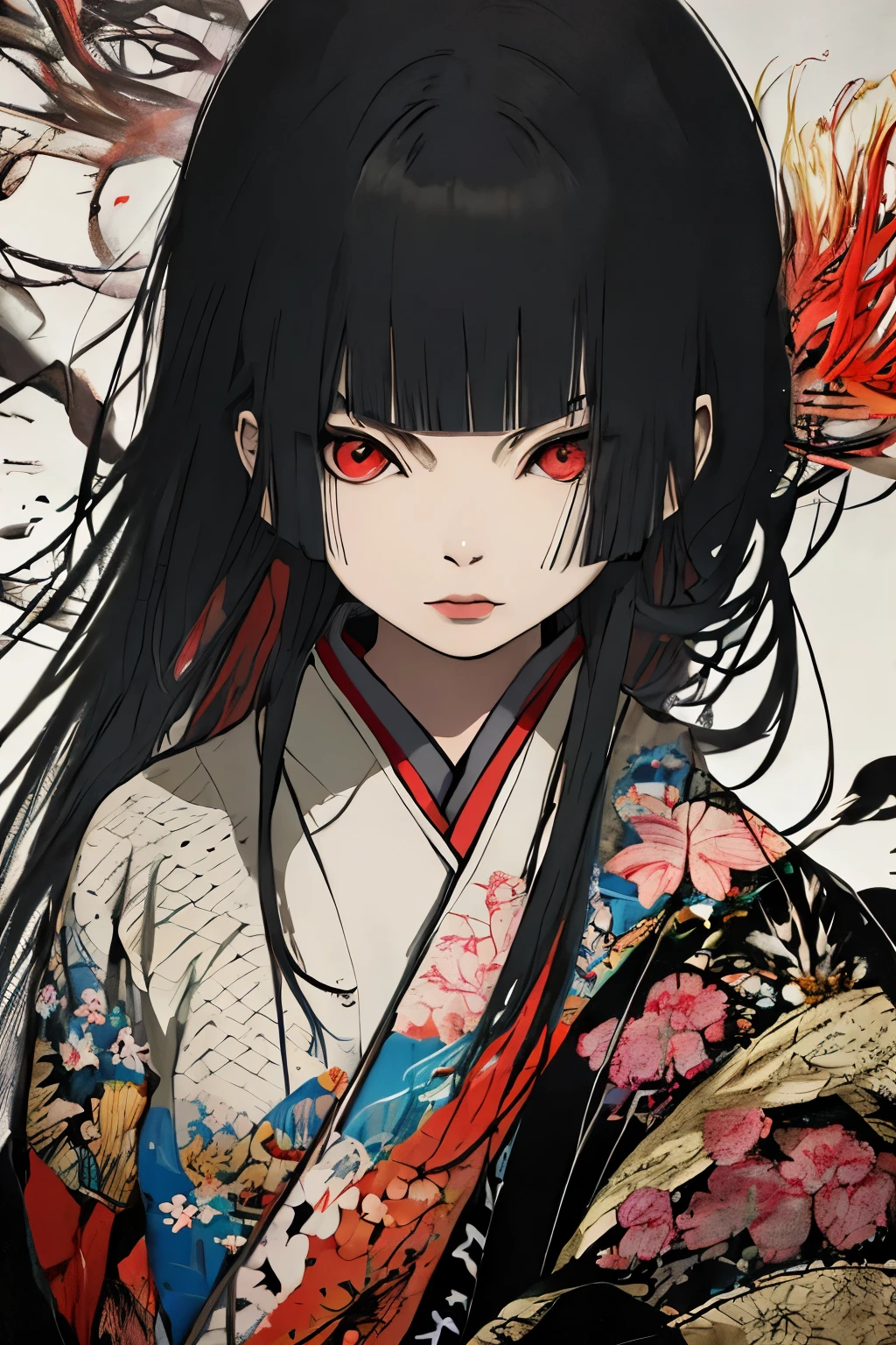 Red spider lily, Enma Ai, Let your hair down, Hair is black, bangs, Red eyes, masterpiece, highest quality, Very detailed, figure, One girl, alone, High resolution, Realistic, 超High resolution, (Original figure composition), (Limited edition color fusion,Maximalism art style, kimono fashion, Double Exposure, Background Black