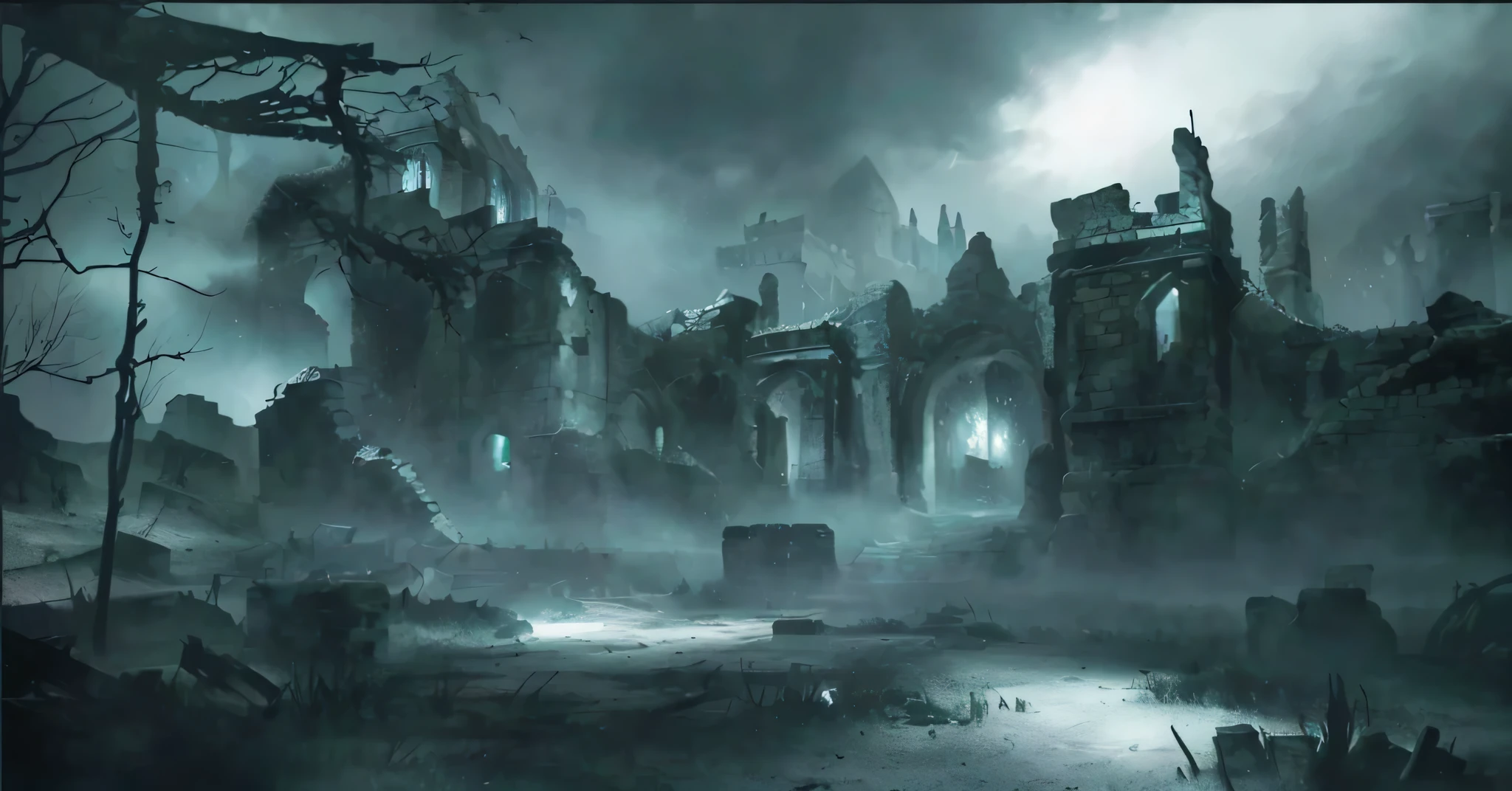 Medieval city wall ruins on a rainy night, Dark Souls style scene, background artwork, Ruined city wall concept art, dark ruins landscape, Game Art Painting, Conceptual art for video games, Draw as game concept art, Dark fantasy environment, Dark ruins scene, dark concept art, Mysterious ruins