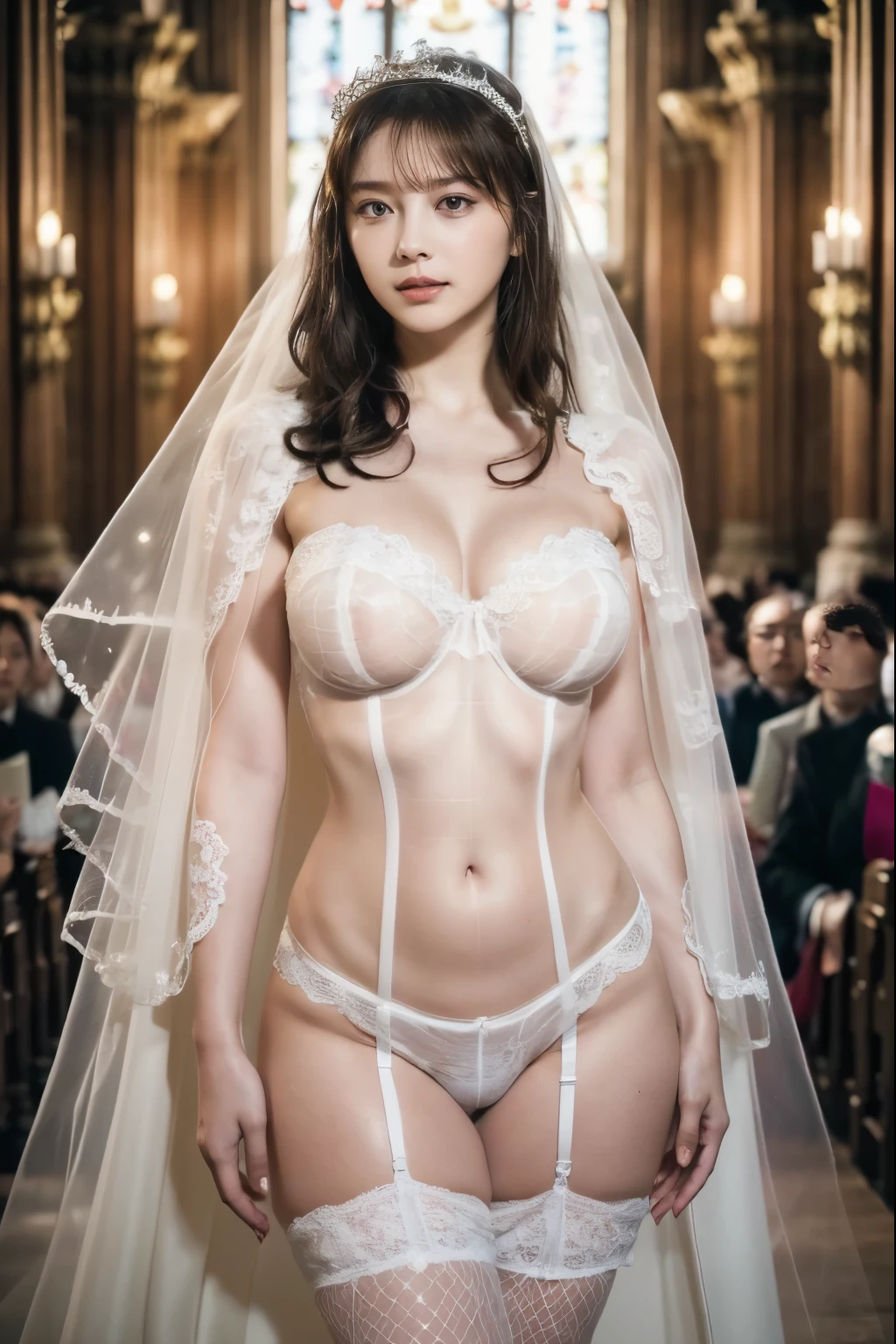 naked bride." Figure, big breasts, Beautiful nipples, the perfect body, Full body , wedding ceremony in a church,  (((plenty of attendees behind her.))).  (((white transparent wedding dress, cape, veil, loose white corset, transparent micro panties, transparent micro bra, and fishnet stockings.))) . thick pubic hair. ,(Best Quality, 4K, 8K, High resolution, masutepiece:1.2), Ultra-detailed, (Realistic, Photorealistic, Photorealsitic:1.37), royal, Captivating, (Vibrant colors, sharp chest:1.1), Soft lighting"Writhing expression. the most beautiful woman in the city.