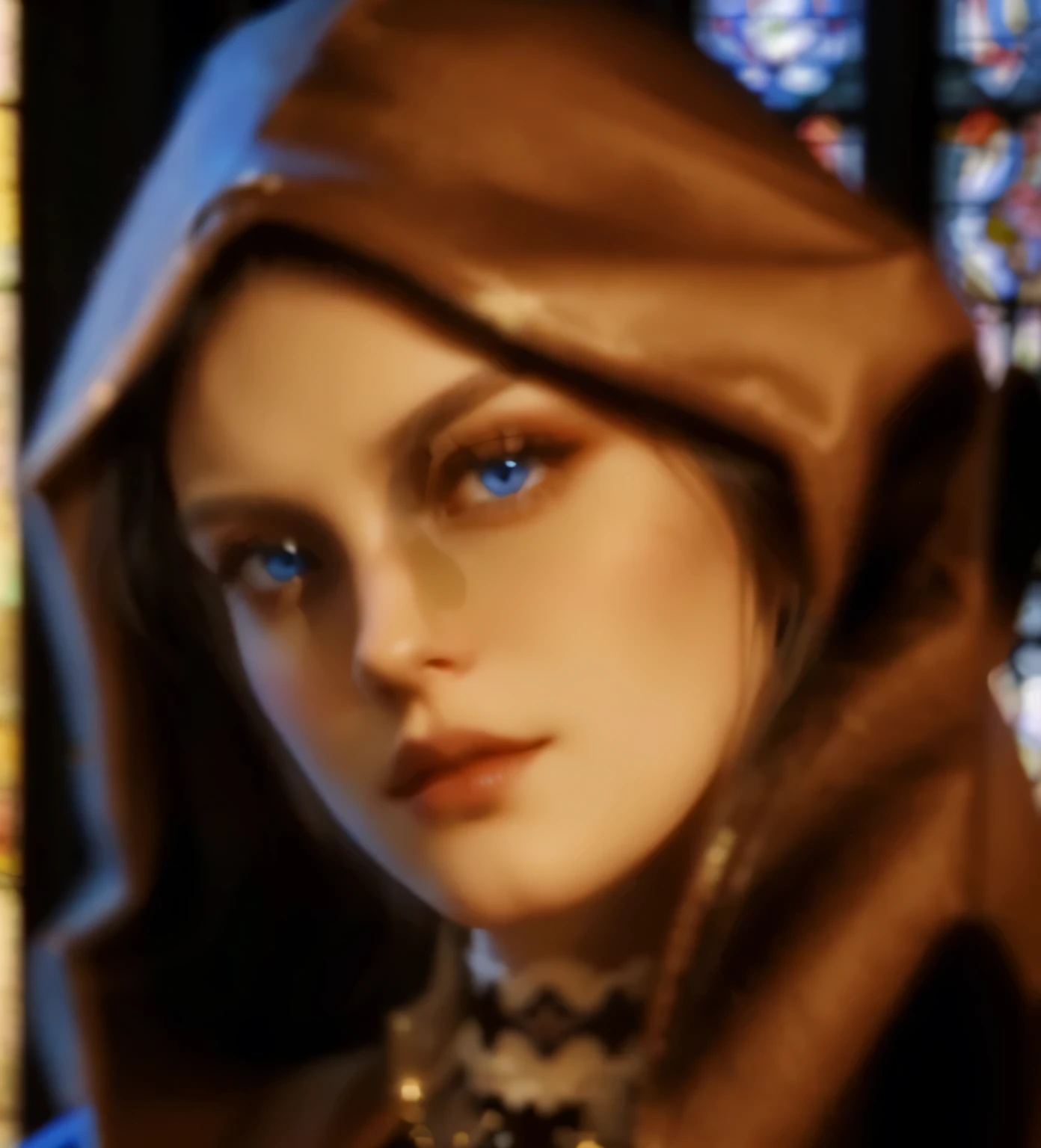 A woman,Brown cape,Makeup,Serious expression,Blue Eyes,Gothic stained glass,In the church,avatar,Extremely detailed CG,8k HD