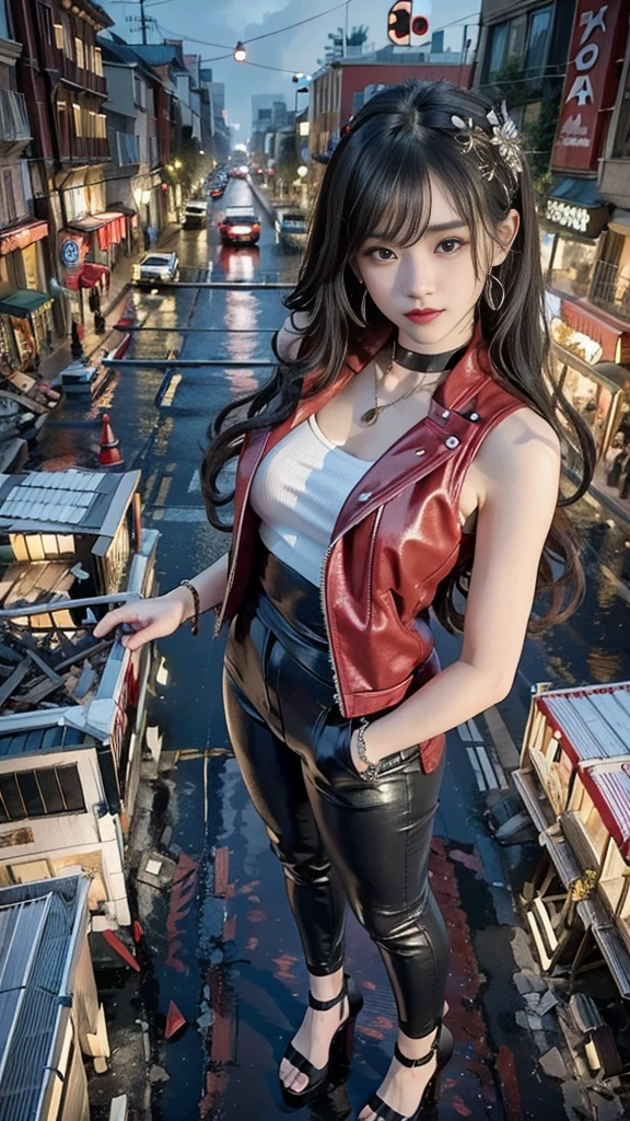 (32k, High resolution, highest quality, masterpiece, 超High resolution), (((Giantess Elements, Typhoon heavy rain))), From above, Perfect dynamic composition:1.2, ((night, In a small metropolis just 10 meters high)), (Expressions of sadness:0.7), Highly detailed skin and facial textures:1.2, (Holding the Sword, Towering Giant Young Woman:1.0, Higher than skyscrapers:1.0, 400,000 feet high:1.5, Incredibly slim body:1.0), Fair skin, Sexy beauty, Very beautiful face, Water droplets on the skin, (The rain drips down on my body:0.5, Wet body:0.5, Wet Hair:0.5), ((Red leather jacket:1.0, Tight black leather pants:1.0)), Shapely breasts, Chest gap, Big eyes that exude beautiful eroticism, Lips that exude beautiful eroticism, necklace, Earrings, bracelet, wedding ring, Shoulder bag, clock, ribbon, High heels, Full body portrait, (Destroy a small city, Burning Small Town, rubble, Destroyed small building, Collapsed highway, Evacuated Residents), ((Major impact, Emphasizing the majesty and power of giants, Increase the destructive element, Lower the building, Making cities smaller))