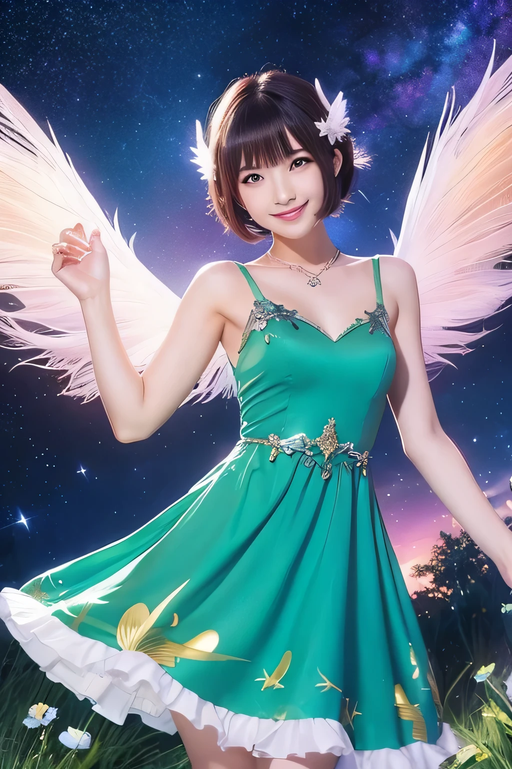 Women, Anime Style, smile, short hair, Wings on the back, Flying in the sky, forest, Midnight, Stars in the night sky、Tinkerbell、front、Glamorous Body、Dress up
