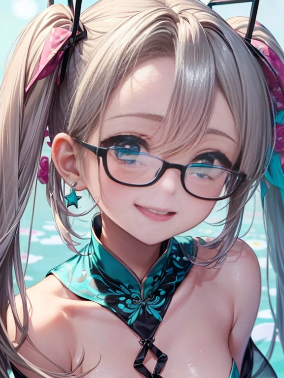 小さなgirl、Small breasts、The arrival of spring、Thick thighs、 (alone:1.5,)Very detailed,Bright colors, Very beautiful detailed anime faces and eyes, Look straight ahead, ;d, Shiny_skin,girl, ((Silver long hair,The inner color is red 、Forehead is exposed.、Green Eyes、Glasses、Shiny hair, Delicate beautiful face, blush、(Turquoise Eyes), White skin, Valletta, Earrings,、blue flower field、(((Star pattern pink、See-through、Long China Clothing、Black bloomers)))、Twin tails、smile、smile、Face dyed red