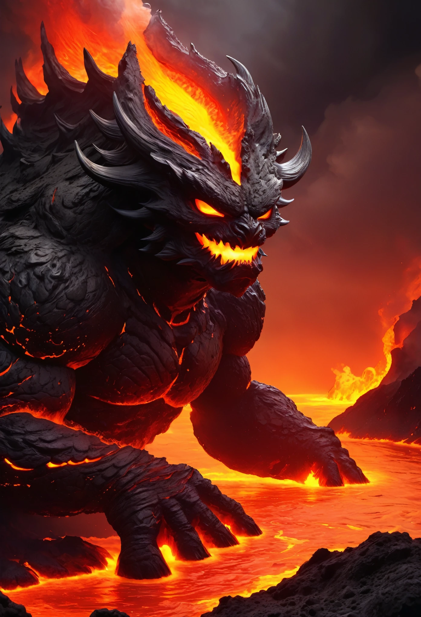 At dusk, with the lingering aftermath of a volcano, the scorching sun gradually sets in the west, and the final rays of the setting sun fall on the massive body of the lava demon. The lava demon stands by the cooled magma lake, its skin texture is clearly visible, and the traces of lava flow and cracks on its skin form a sharp contrast of light and shadow under the sunset. One side is illuminated by sunlight, with lava crystals shining with fiery light, while the other side is hidden in deep shadows, as if devouring all the light. At this moment, the lava demon lowered its head slightly, gazing at the rolling magma beneath its feet. Its muscles trembled slightly as it moved, and the lava flowed with it. The entire scene was filled with strong visual impact and realism, as if one could feel the majesty and terror of the lava demon. The scorching sun, setting sun, sunlight, shadows, the contrast between light and darkness, the contrast between light and shadow, the high light areas, dark surfaces, skin textures, traces of lava flow, cracks on the skin, lava crystals, microstructure, lava demon muscle movements, magma flow, rock fragmentation, volcanic aftershocks, cooling magma lakes, lava demon movements, lava flow and changes, and muscle movements. Authenticity, physical interaction with the environment, visual impact, realism