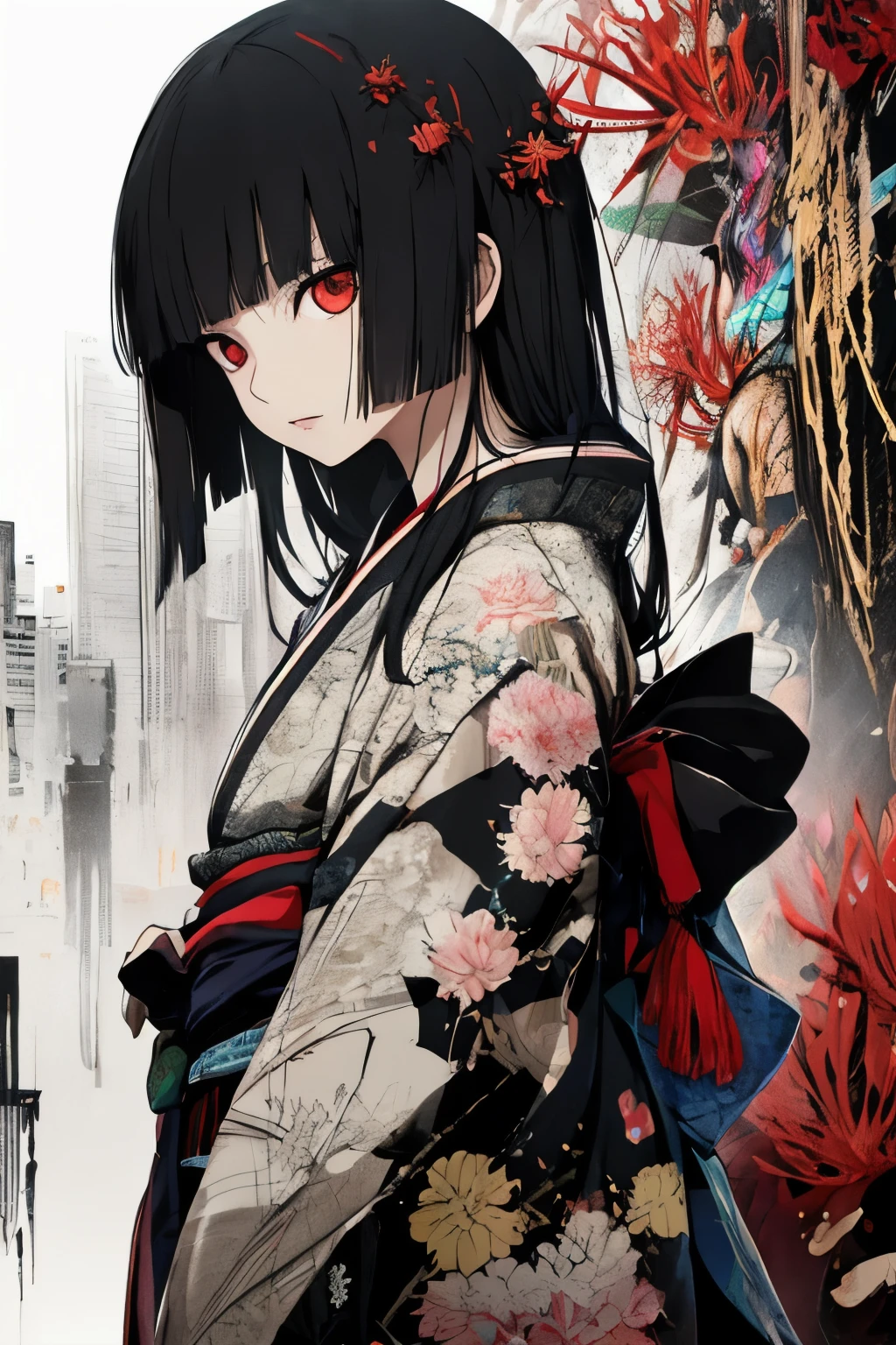 Red spider lily, Enma Ai, Let your hair down, Hair is black, bangs, Red eyes, masterpiece, highest quality, Very detailed, figure, One girl, alone, High resolution, Realistic, 超High resolution, (Original figure composition), (Limited edition color fusion,Maximalism art style, kimono fashion, Double Exposure, Background Black