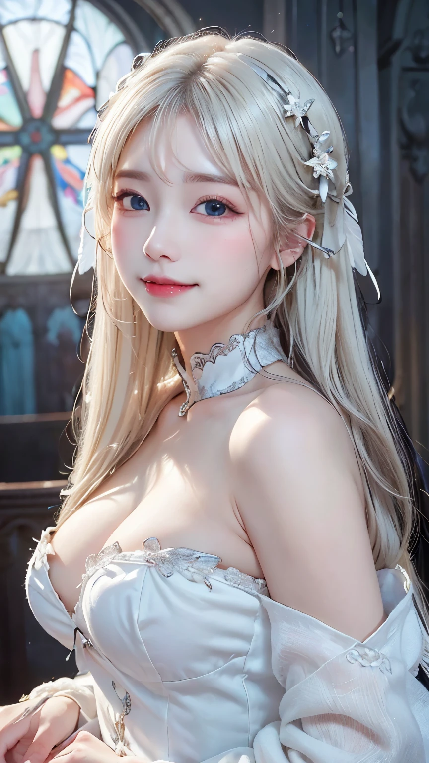 (masterpiece, highest quality: 1.2)、(White skin: 1.3)、(Beautiful Face: 1.3), (超Detailed Background, Detailed Background: 1.3)、(Droopy eyes: 1.4)、((Platinum Blonde Hair:1.4))、Blunt bangs、Long Hair、Hair swaying in the wind、((Large Breasts:1.2))、Beautiful woman like a goddess、(Gorgeous embroidered white dress)、(Detailed Church Background:1.2), (Captivating smile:1.15)、Angel wings grow on the back、Perfect female body