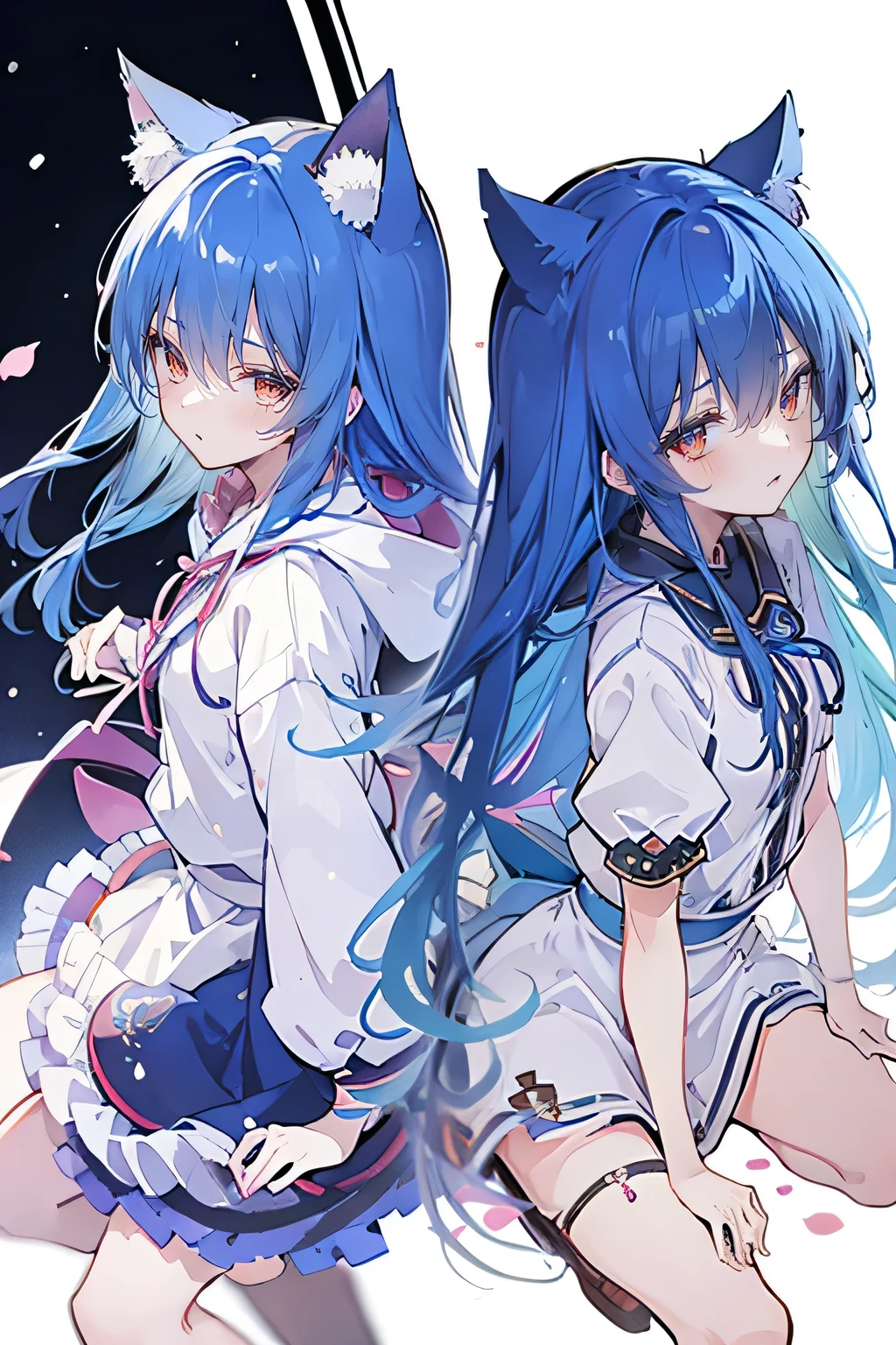 (masterpiece:1.2),Super detailed,lifelike,Expressive eyes,fair skin,perfect face shape,1 girl,
Japanese comics,Gorgeous blue hair,flowing blue hair,flowing clothes,Cat ears,Petals fall,beautiful lola,Baby Angel,
Shaking head with one hand,Cross your legs,Gentle and peaceful background,The pavilion is cool and comfortable,smile, wearing hoodie, background of tokyo,back views,snowing, winter.
