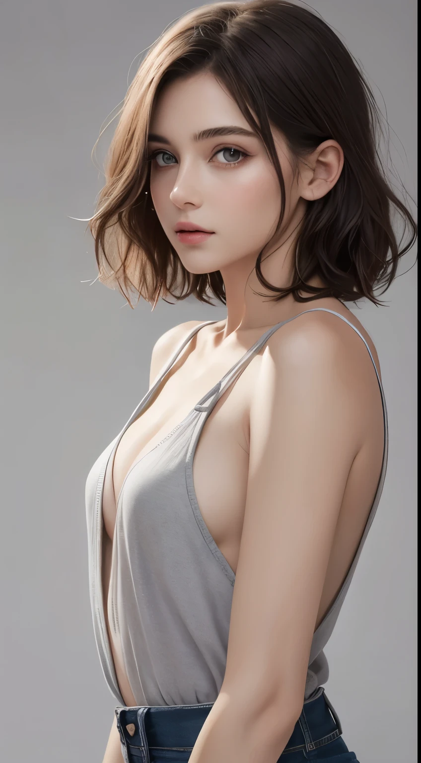 8K uhd、RAWphotograph、モデルphotograph撮影、 European race、(masterpiece、highest quality、Photorealistic、High resolution、photograph:1.3)、Close-up、Focusing、Hot Model、slim、30 year old mature woman、Small face、No makeup、Short Hair、Dark Brown Hair、Fine beautiful eyes、Real Skin、(perfect body)、Detailed beautiful eyes、Glossy lips、Small breasts、Small breasts、Bust B cup、Realistic details、Cool beauty、Cool pose、Background gray、Plain grey background、