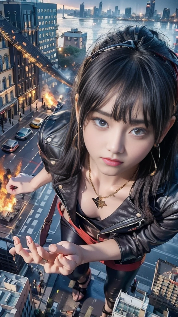 (32k, High resolution, highest quality, masterpiece, 超High resolution), (((Giantess Elements, Typhoon heavy rain))), From above, Perfect dynamic composition:1.0, ((night, In a small metropolis just 10 meters high)), (Expressions of sadness:0.7), Highly detailed skin and facial textures:1.2, (Holding the Sword:1.0, Towering Giant Young Woman:1.0, Higher than skyscrapers:1.0, 400,000 feet high:1.5, Incredibly slim body:1.0), Fair skin, Sexy beauty, Very beautiful face, Water droplets on the skin, (The rain drips down on my body:0.5, Wet body:0.5, Wet Hair:0.5), ((Red leather jacket:1.0, Tight black leather pants:1.0)), Shapely breasts, Chest gap, Big eyes that exude beautiful eroticism, Lips that exude beautiful eroticism, necklace, Earrings, bracelet, wedding ring, clock, ribbon, High heels, Full body portrait, (Destroy a small city, Burning Small Town, rubble, Destroyed small building, Collapsed highway, Evacuated Residents), ((Major impact, Emphasizing the majesty and power of giants, Increase the destructive element, Lower the building, Making cities smaller))