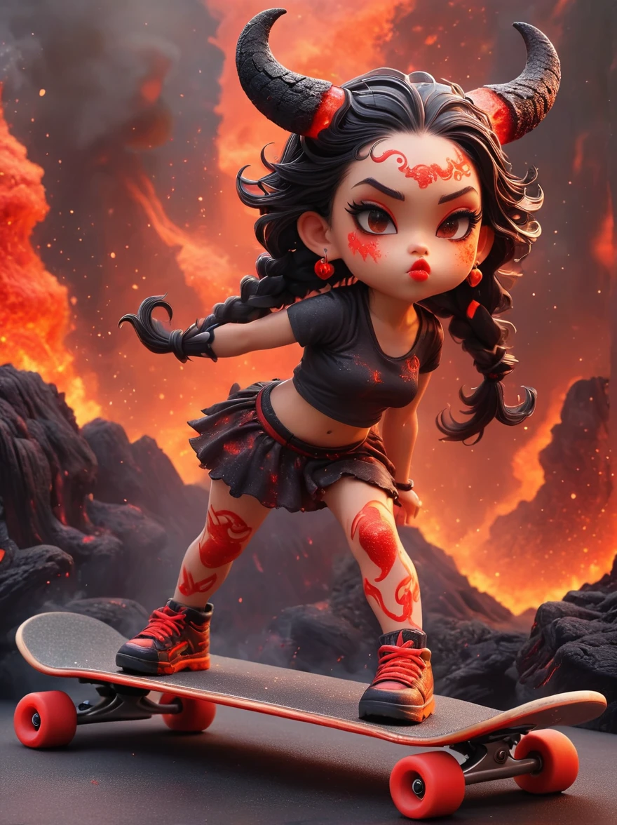 1girl, demon whose body is made of lava, With menacing horns and crimson lava skin, strike a playful pose, Standing on a skateboard, (Close one eye:1.5), Red Eyes, Pouting cute little mouth, Swirling tendrils of smoke leave behind them, proudly, (Volcanic magma background), (The Abyss of Hell), Cartoon Style, full-body shot, Created with C4D and Blender, Blind box toy styles, precise, Super Detail, Anatomically correct, masterpiece