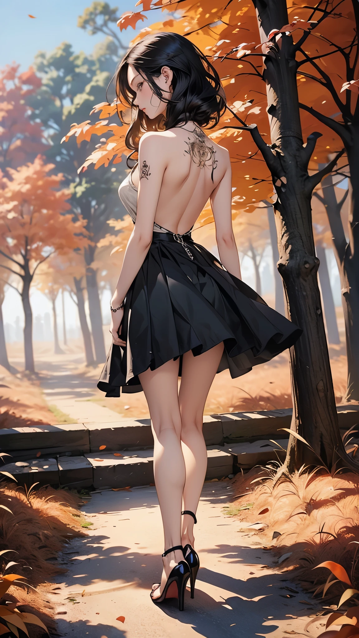 ((Biologically correct limb count))、(( A full-body illustration from toes to face))、4K、Masterpiece、((Eyes with delicate depictions、Detailed depiction of faces、Focus on the face))、((Symmetrical, well-proportioned facial features))、Beautiful woman、Outstanding style、Beautiful clavicle、Beautiful legs、Beautiful Hands、Slender Body、(shirt、skirt、High heels)、Looking up、High angle、The background is a beautiful park with autumn leaves、((Walking posture))、Black Hair、((Back view))、Tattoo on back、