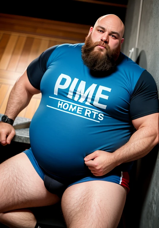 (Aerial view),dynamic angle,ultra-detalhado, illustration, ), Only huge plump morbid thighs extremely thick. He is bald and has a long beard with some gray hairs.. Ele veste camiseta regata de time de basquete. Homem abrindo o seu longo casaco e mostrando seu corpo usando apenas short. He&#39;s not wearing a shirt. ( Ultra realistic eye pupil and iris, detalhado. ) Training scenario in the weight training gym. He wears sports glasses. He wears prescription glasses. Wear aviator glasses.