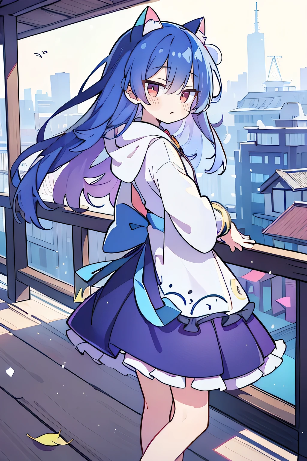 (best quality,4k,8k,highres,masterpiece:1.2),ultra-detailed,realistic eyes, fair skin, perfect facial features: eyes, nose, lips, long eyelashes, beautiful and detailed eyes and face, gorgeous blue hair flowing in the wind, flowing clothes, delicate cat ears, petals falling around, a beautiful Lola, a baby angel, the girl gently shaking her head with one hand, legs crossed, a serene and peaceful background with a cool and comfortable pavilion, a gentle smile, wearing a hoodie, the background of Tokyo, a view of the girl from behind, snowing, winter, wet clothes.