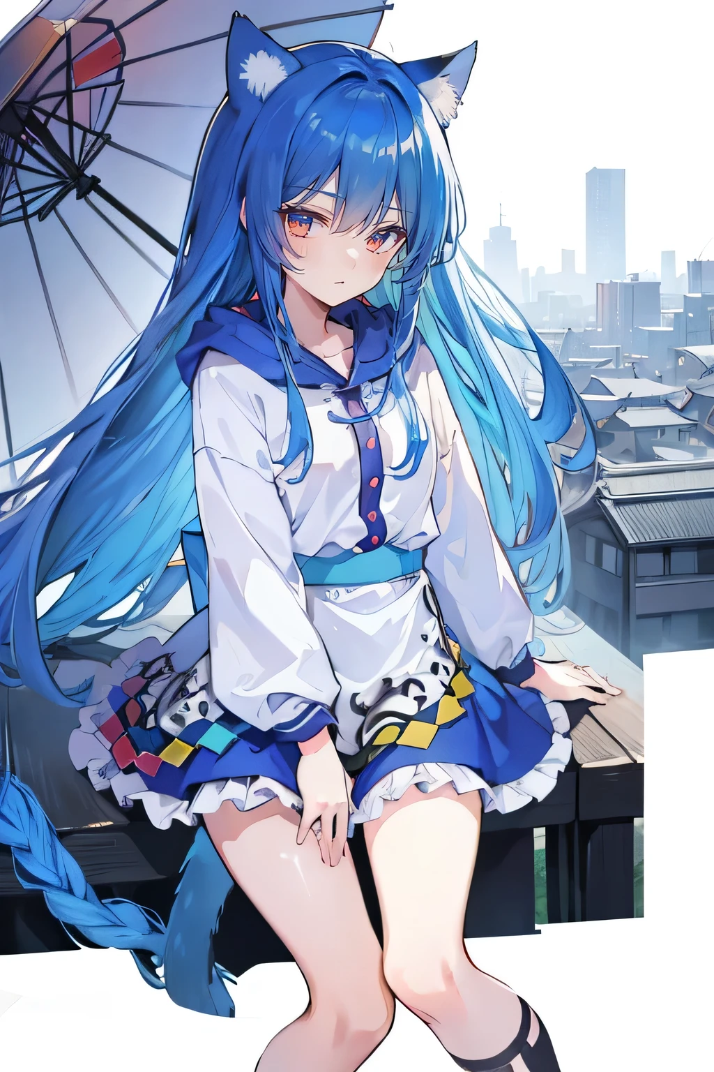（masterpiece：1.2），Super detailed，lifelike，Expressive eyes，fair skin，perfect face shape，1 girl，
Japanese comics,Gorgeous blue hair,flowing blue hair,flowing clothes,Cat ears,Petals fall,beautiful lola,Baby Angel,
Shaking head with one hand，Cross your legs，Gentle and peaceful background，The pavilion is cool and comfortable,smile, wearing hoodie, background of tokyo,back views,snowing, winter.