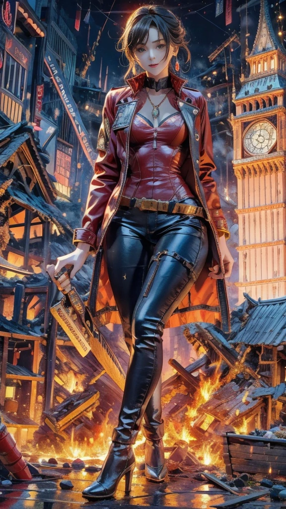 (32k, High resolution, highest quality, masterpiece, 超High resolution), (((Giantess Elements, Typhoon heavy rain))), From above, Perfect dynamic composition:1.0, ((night, In a small metropolis just 10 meters high)), (Expressions of sadness:0.7), Highly detailed skin and facial textures:1.2, (Holding the Sword:1.0, Towering Giant Young Woman:1.0, Higher than skyscrapers:1.0, 400,000 feet high:1.5, Incredibly slim body:1.0), Fair skin, Sexy beauty, Very beautiful face, Water droplets on the skin, (The rain drips down on my body:0.5, Wet body:0.5, Wet Hair:0.5), ((Red leather jacket:1.0, Tight black leather pants:1.0)), Shapely breasts, Chest gap, Big eyes that exude beautiful eroticism, Lips that exude beautiful eroticism, necklace, Earrings, bracelet, wedding ring, clock, ribbon, High heels, Full body portrait, (Destroy a small city, Burning Small Town, rubble, Destroyed small building, Collapsed highway, Evacuated Residents), ((Major impact, Emphasizing the majesty and power of giants, Increase the destructive element, Lower the building, Making cities smaller))