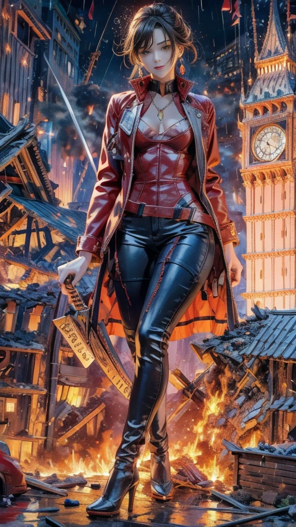 (32k, High resolution, highest quality, masterpiece, 超High resolution), (((Giantess Elements, Typhoon heavy rain))), From above, Perfect dynamic composition:1.0, ((night, In a small metropolis just 10 meters high)), (Expressions of sadness:0.7), Highly detailed skin and facial textures:1.2, (Holding the Sword:1.0, Towering Giant Young Woman:1.0, Higher than skyscrapers:1.0, 400,000 feet high:1.5, Incredibly slim body:1.0), Fair skin, Sexy beauty, Very beautiful face, Water droplets on the skin, (The rain drips down on my body:0.5, Wet body:0.5, Wet Hair:0.5), ((Red leather jacket:1.0, Tight black leather pants:1.0)), Shapely breasts, Chest gap, Big eyes that exude beautiful eroticism, Lips that exude beautiful eroticism, necklace, Earrings, bracelet, wedding ring, clock, ribbon, High heels, Full body portrait, (Destroy a small city, Burning Small Town, rubble, Destroyed small building, Collapsed highway, Evacuated Residents), ((Major impact, Emphasizing the majesty and power of giants, Increase the destructive element, Lower the building, Making cities smaller))