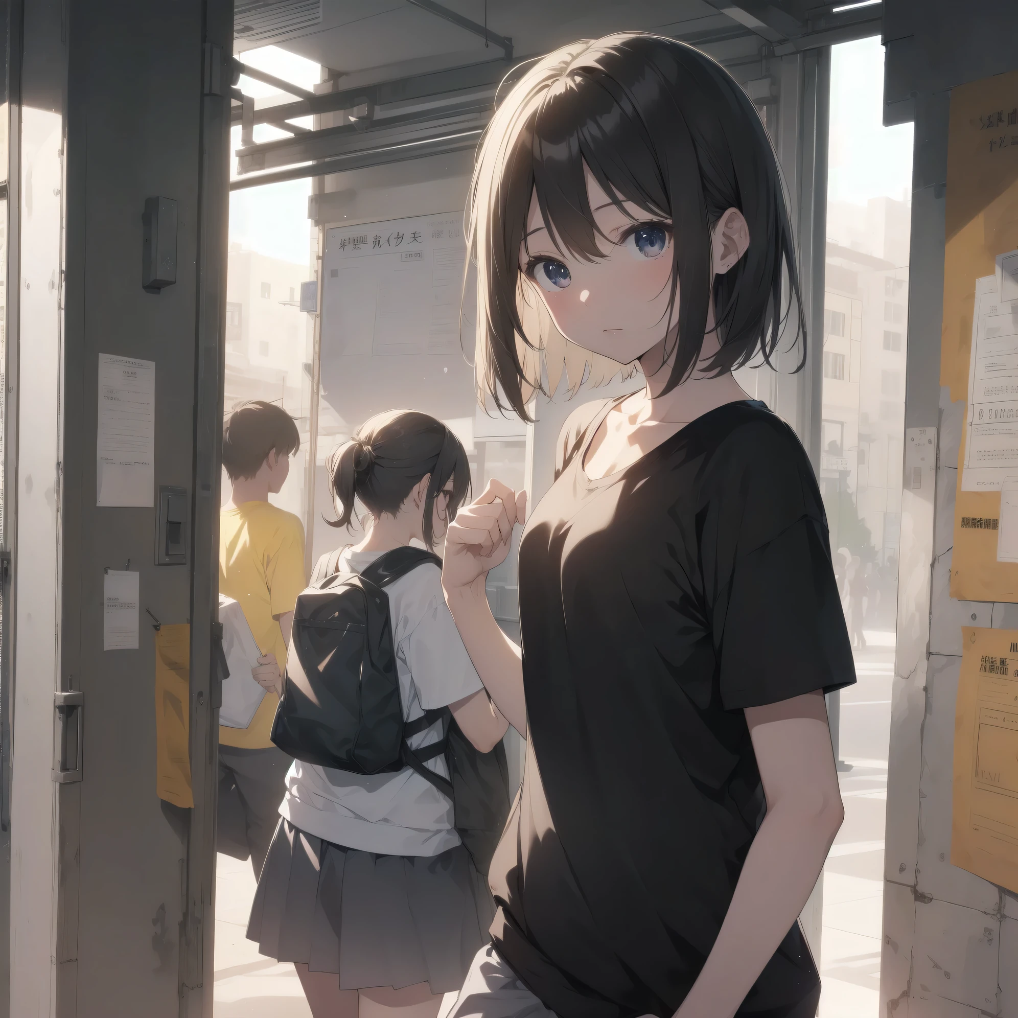 ultra-absurdres-Top quality by artist God, ultra-detailed, high resolution, anime moe artstyle, best anime 8k konachan wallpaper, pixiv contest winner, pool:2810, perfect anatomy,break, 1girl, (Solo,tomboy, 9-year-old:1.3),Full limbs, complete fingers,(very short hair), messy hair, flat chest, groin, small butt, small black eyes, beautiful detailed eyes, well-proportioned iris and pupils, expressive eyes, highres detailed hair, soft expression, tank top, short shorts, walking, sleepily, (Detailed Lighting), (Detailed background), in the School commute route. break,super detailed skin, Best cinematic lighting powered by famous artist, 8k,beauty illustration,photoshop_(medium),very aesthetic,break,((artist:beni_shake )), artist:bolze ,artist:oyari ashito ,artist:kantoku ,