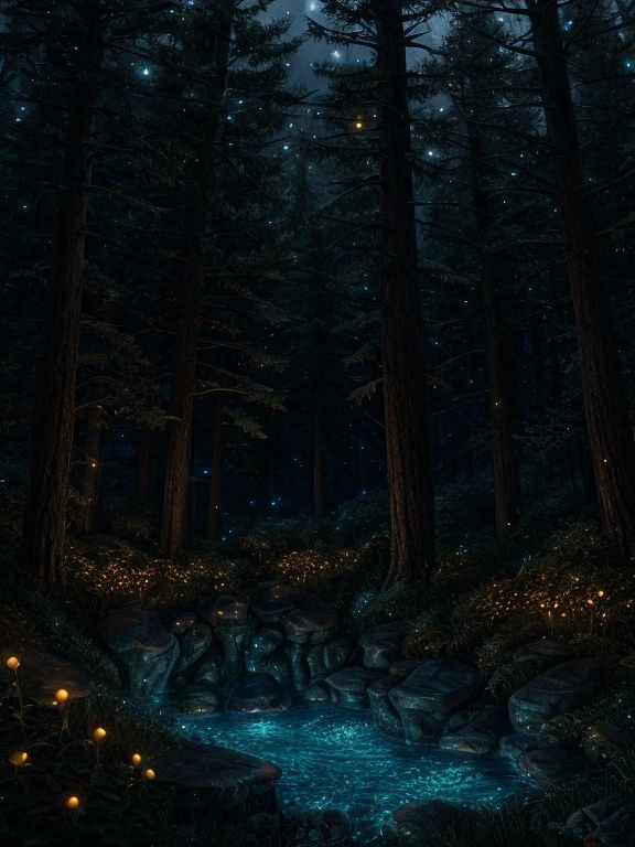 Pitch black forest（Detailed background:1.2),High Detail, firefly，Glowing Mushrooms，Glowing Pool