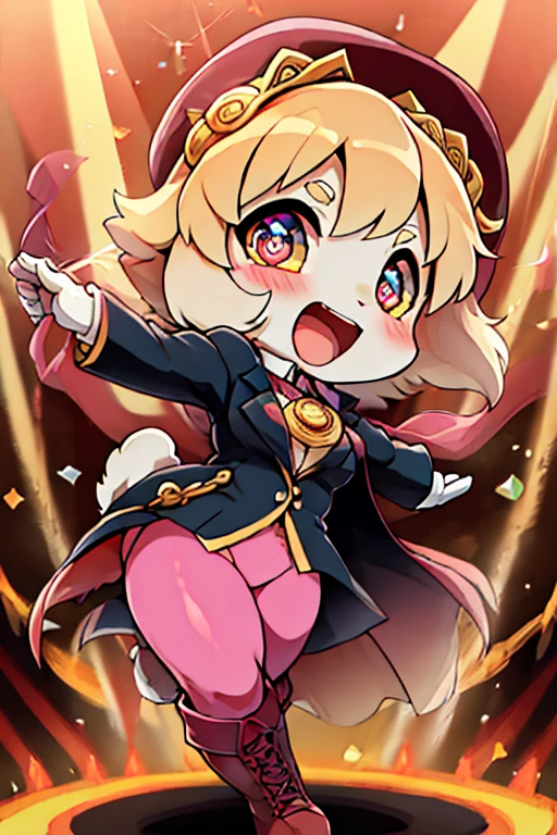 boy, rabbit, furry, bodyfur, blazer, bottomless, pink tights, gloves, boots, chibi, sparkling eyes, idol, dancing, singing