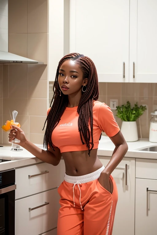 a beautiful melanin woman with nice coral hair blows a kiss while standing in her neat white kitchen ,wearing crop and joggers