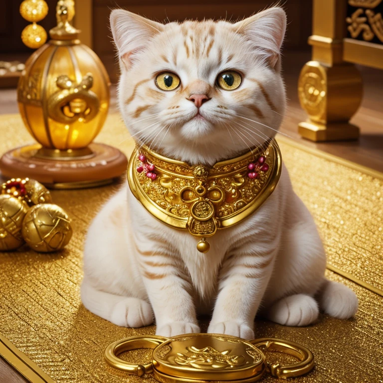 A charmingly lucky cat sits serenely on a golden mat, bathed in the soft glow of good fortune. With its radiant, amber eyes gleaming with luck, it gazes intently at the camera, inviting prosperity and positive energy into the scene. Dressed in an exquisite, elegant outfit adorned with lucky charms and symbols, this delightful feline mascot evokes feelings of happiness and contentment. Captured in stunning, ultra-high definition and photorealistic detail, this masterpiece of a moment transports you to a realm of pure, unadulterated joy.
Lucky cat: 1.1, Gold: 1.1,