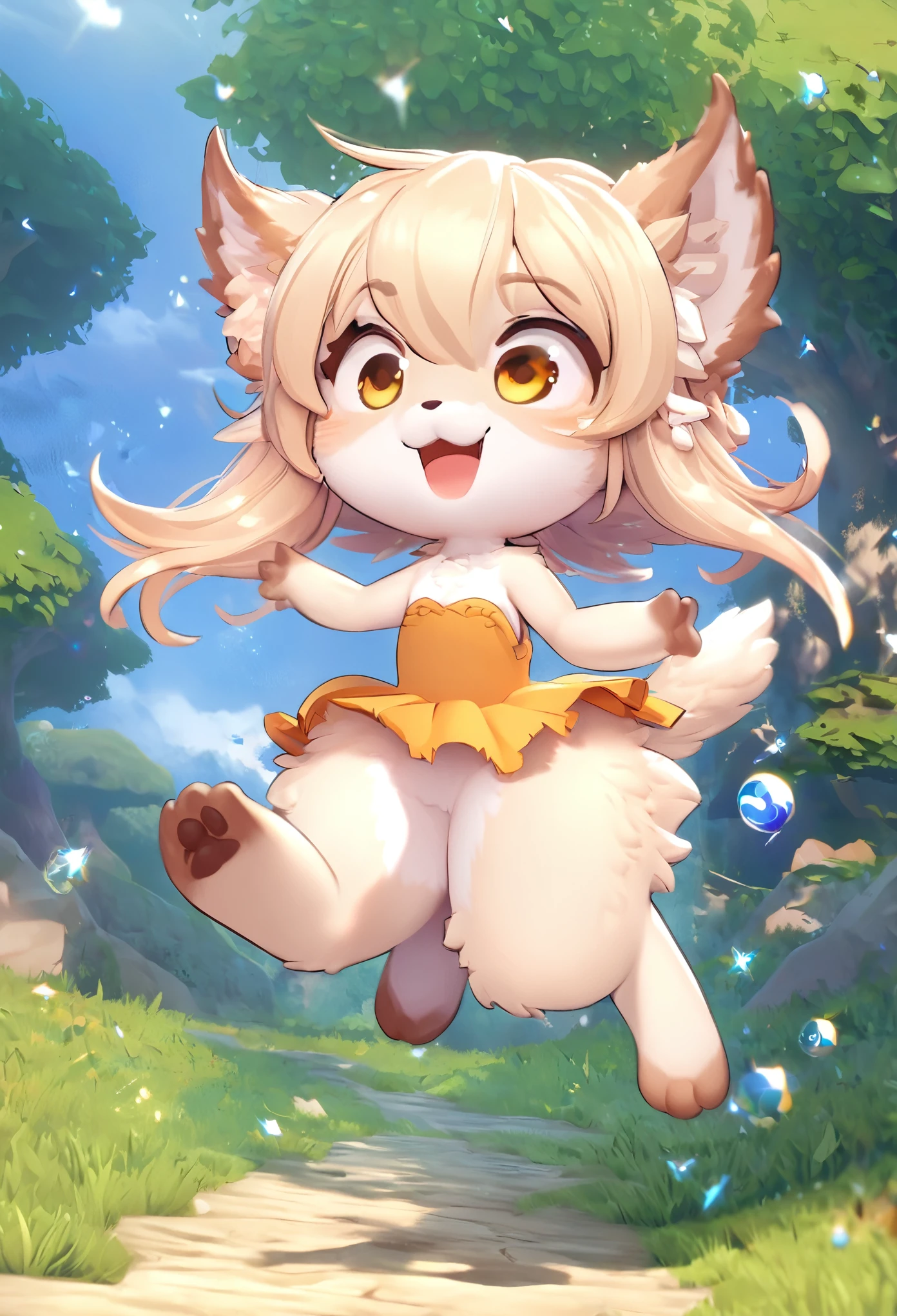 super deformed, furry, funny, fluffy, best quality, super fine, 16k, a fluffy and sparkling fantasy world where a very cute beast girl skips and jumps in a good mood