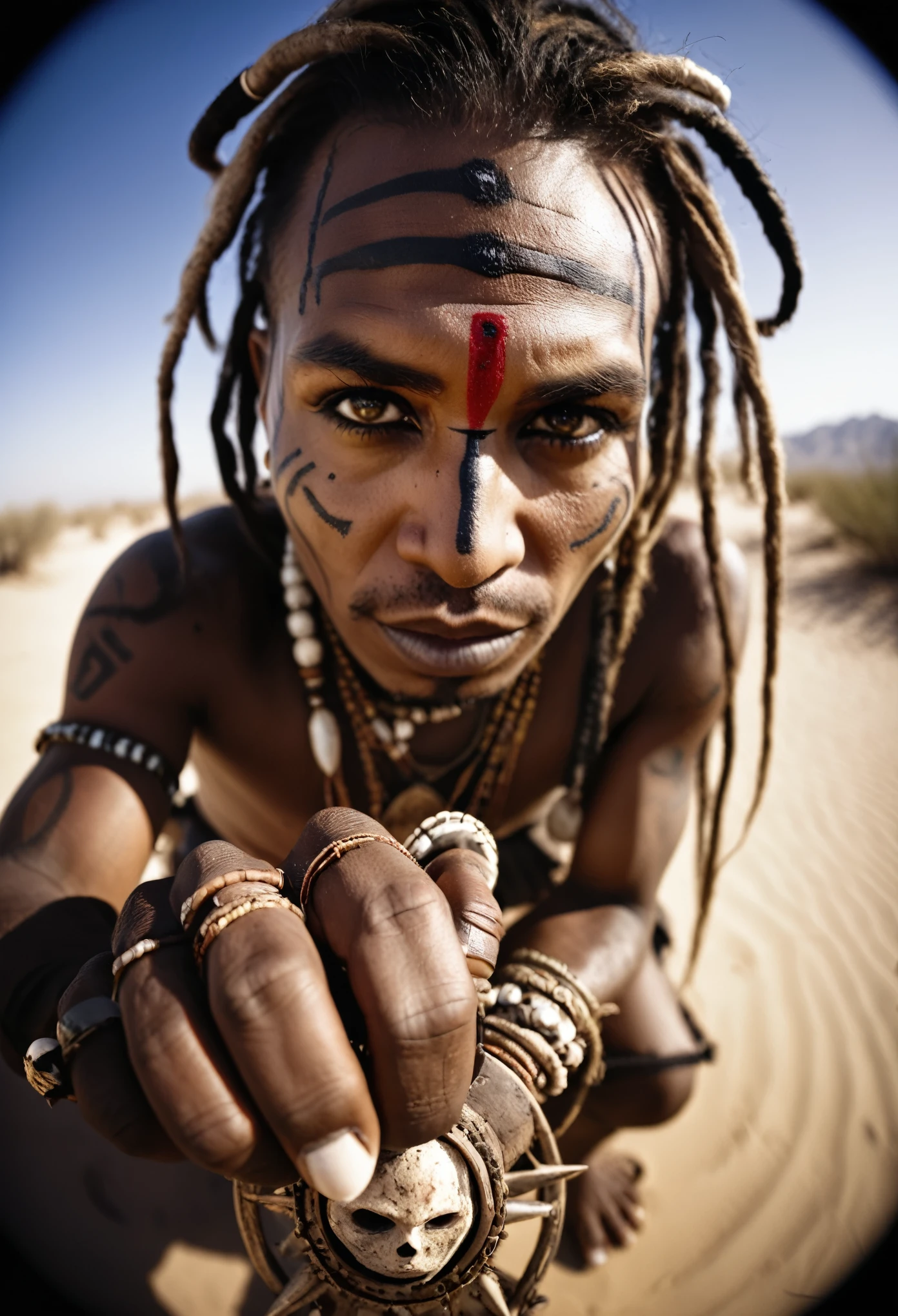 cinematic film still witch doctor leaning over the viewer,fisheye-lense-photo,tribal,desert,voodoo ritual,Ultra-HD-details . shallow depth of field, vignette, highly detailed, high budget, bokeh, cinemascope, moody, epic, gorgeous, film grain, grainy