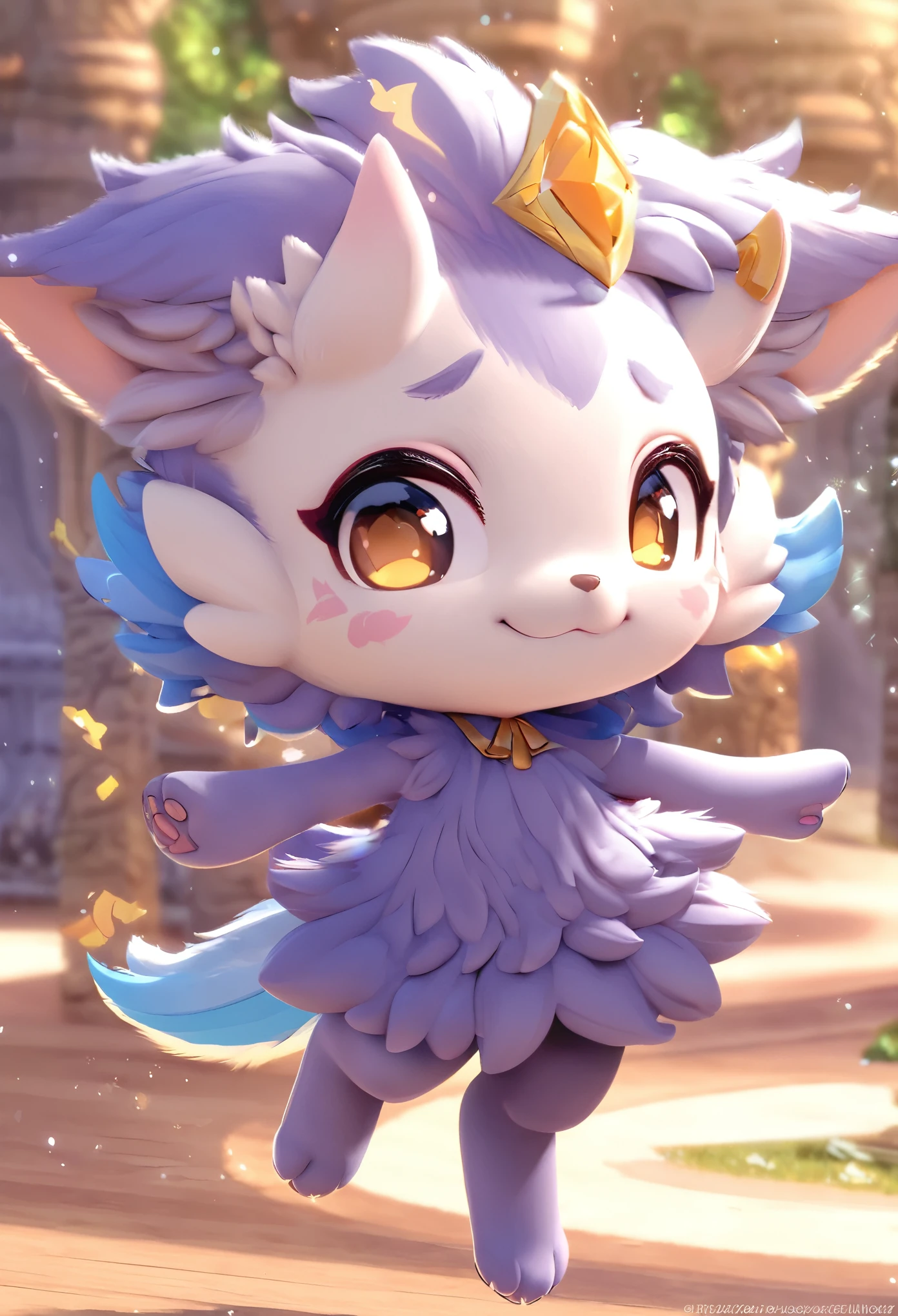 super deformed, furry, funny, fluffy, best quality, super fine, 16k, a fluffy and sparkling fantasy world where a very cute beast girl skips and jumps in a good mood