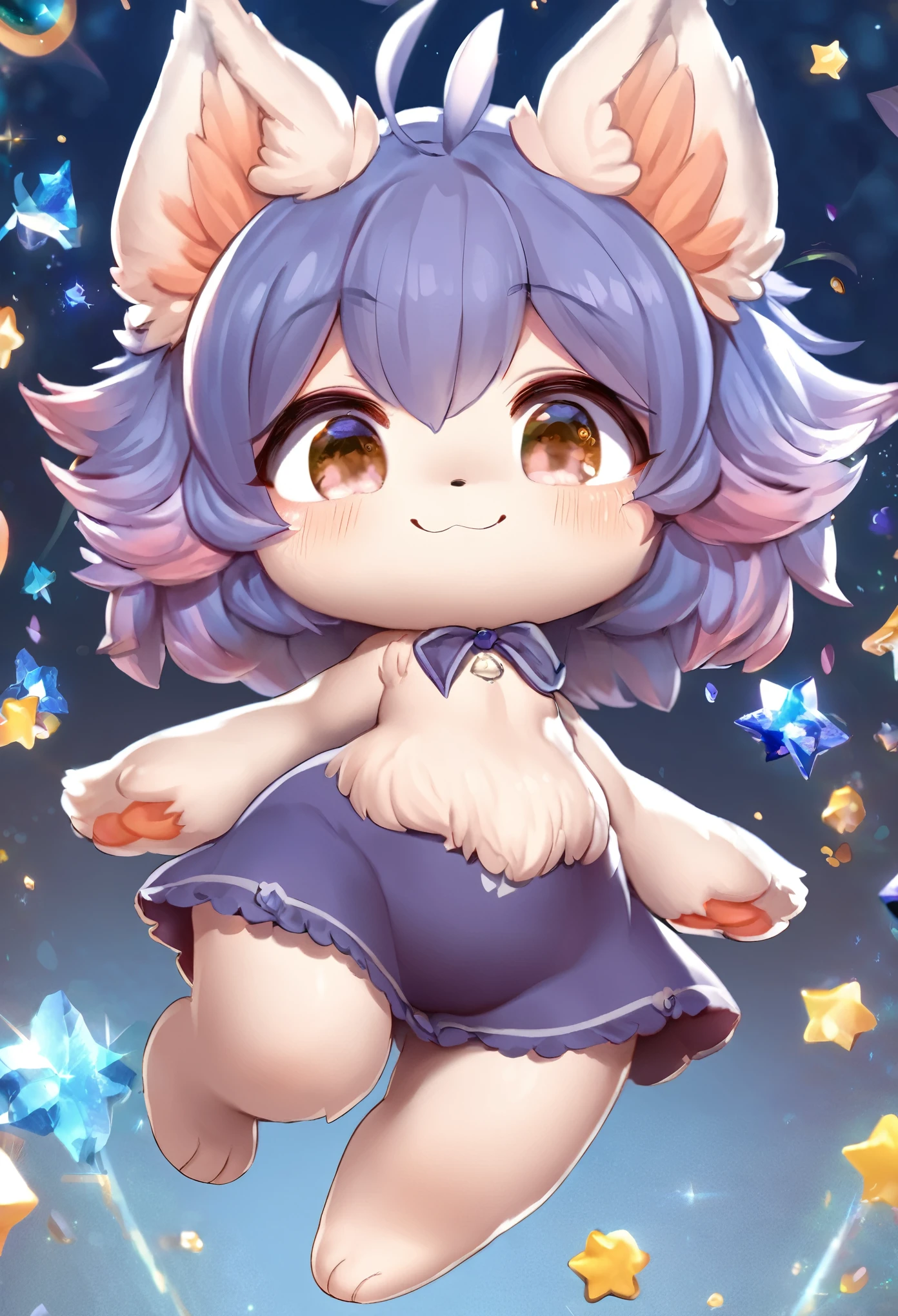 super deformed, furry, funny, fluffy, a fluffy and sparkling fantasy world where a very cute beast girl skips and jumps in a good mood, best quality, super fine, 16k