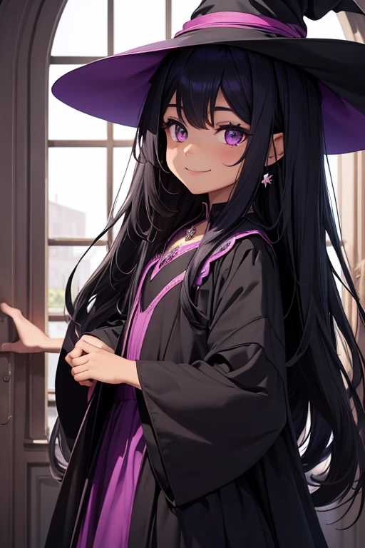 children with black messi long hair and beautiful dark purple eye, smile expresion, wearing a witch drees