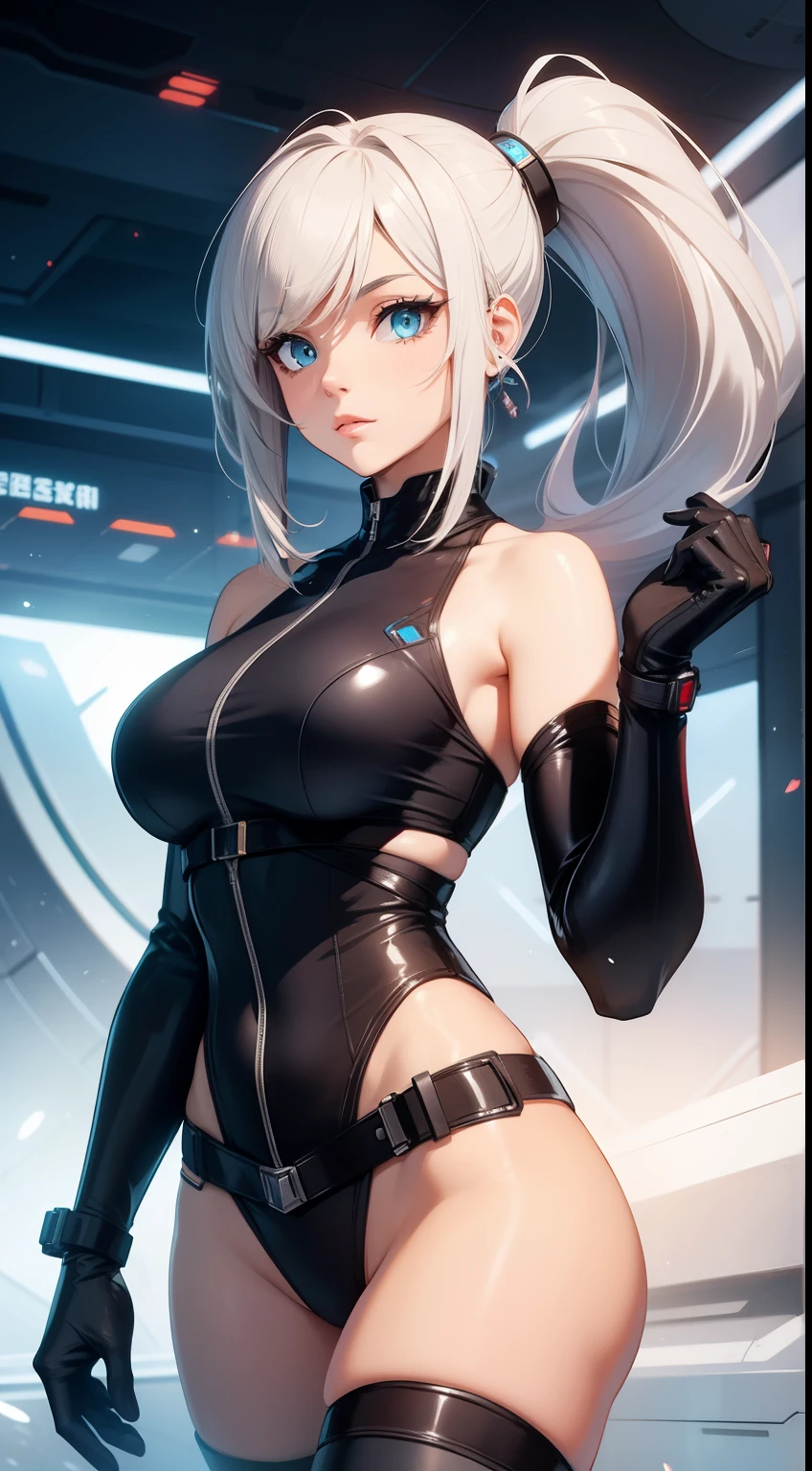 Female character concept, beautiful, cute face, sci-fi costume, stylized, with gloves and ponytail