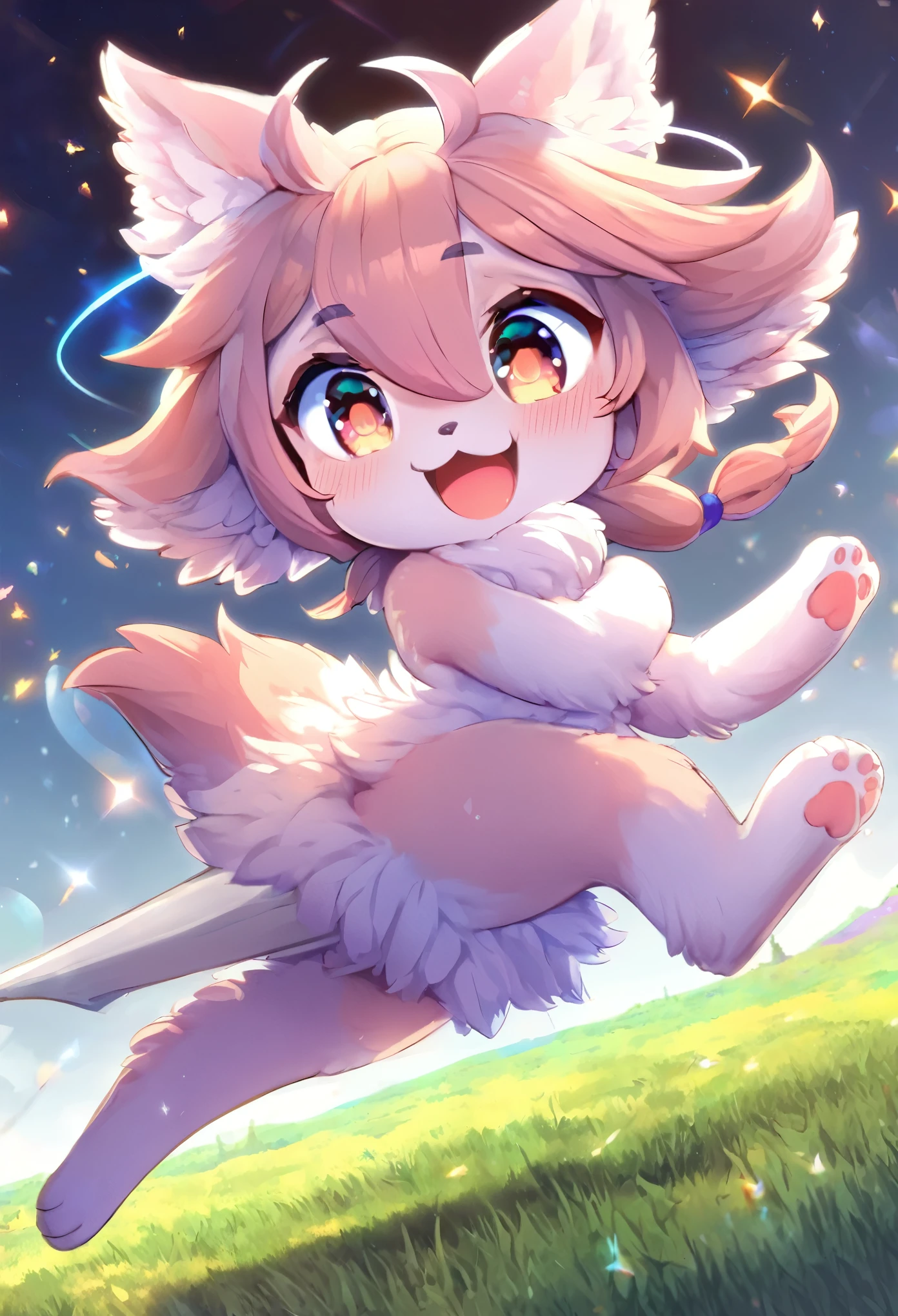 super deformed, furry, funny, fluffy, a fluffy and sparkling fantasy world where a very cute beast girl skips and jumps in a good mood, best quality, super fine, 16k
