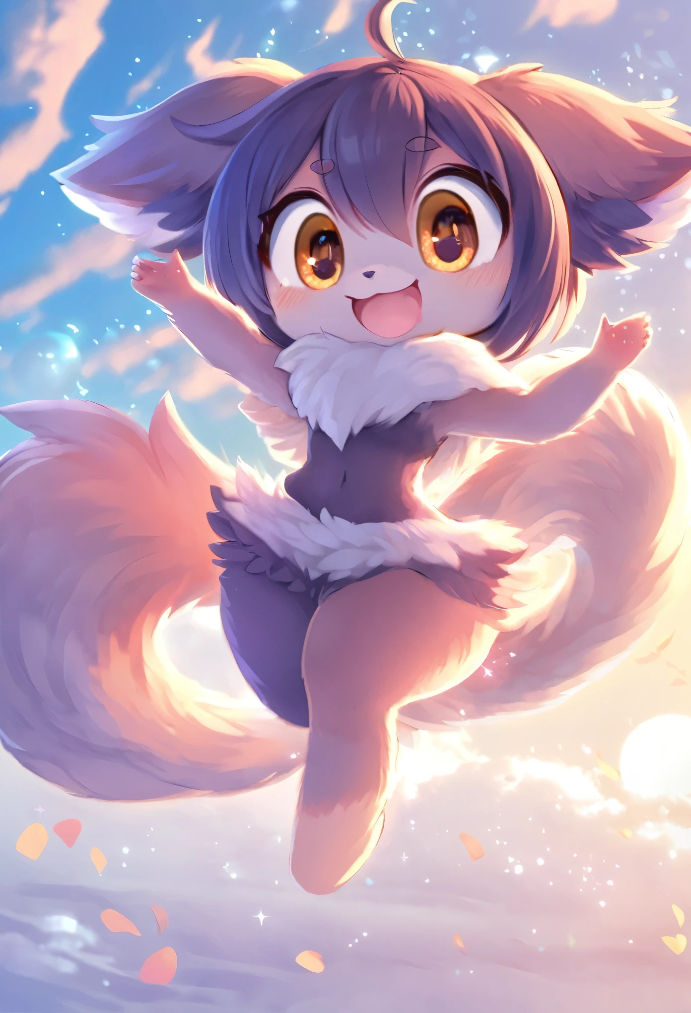 super deformed, furry, funny, fluffy, a fluffy and sparkling fantasy world where a very cute beast girl skips and jumps in a good mood, best quality, super fine, 16k