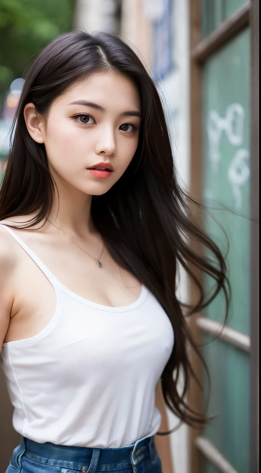 The young woman was in her teens., Her hair was long, White Facial, Bold Oriental Eyes, Sexy lips. She&#39;s half android、In other words, half human and half mechanical.. She is wearing a futuristic high ., From above, the uniform is white., From below, the uniform is gray.. Her uniform is made of iron、There is a red sphere on his chest。.  Her eyes are as sharp as an eagle&#39;s. She is standing in a garden where everything is futuristic and mechanical.. The bright light of the morning and the flames from the sun made her look like an angel on her head.. Surreal, photographrealistic, CG, photograph, Attention to detail, close, Portraiture.