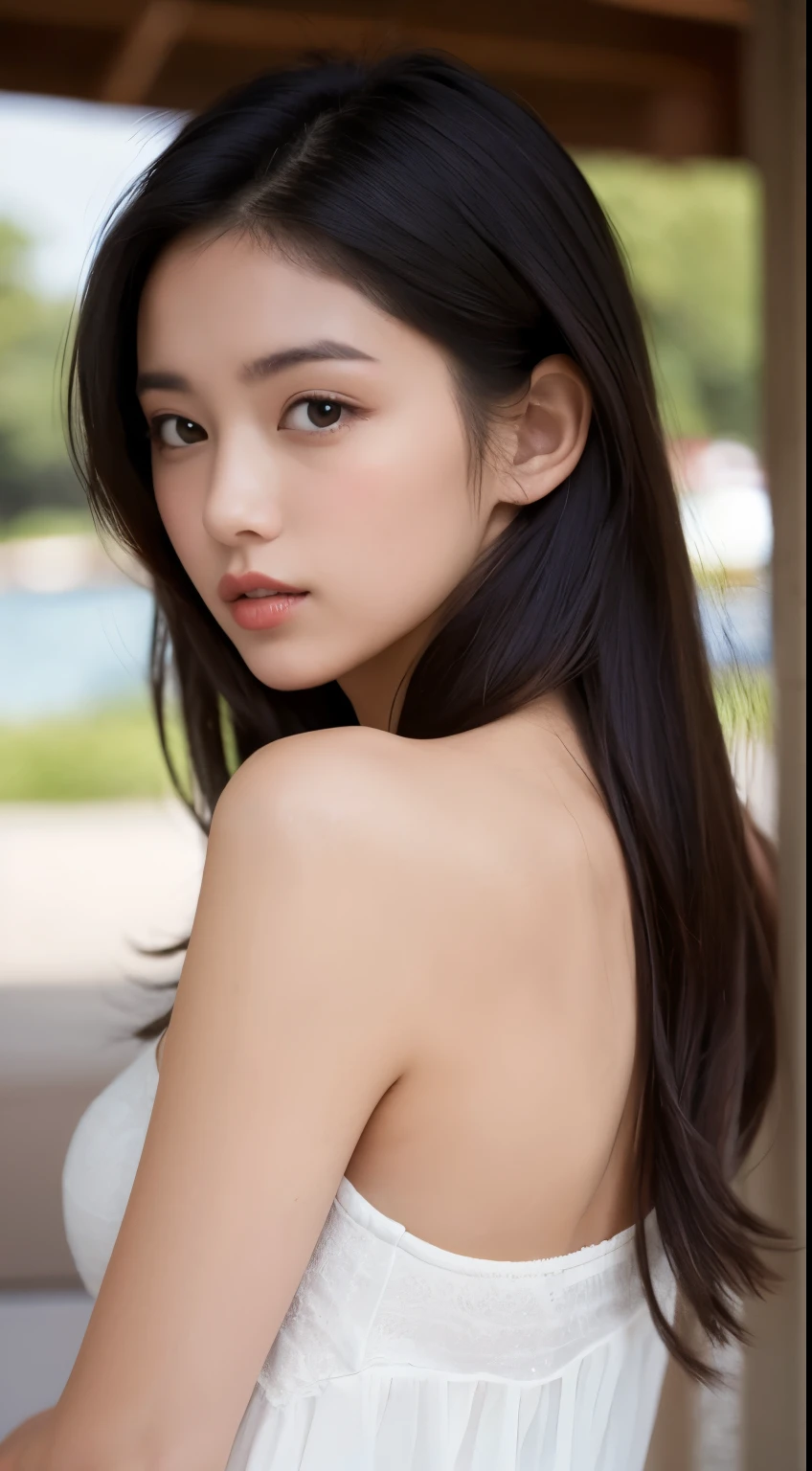 The young woman was in her s., Her hair was long, White Facial, Bold Oriental Eyes, Sexy lips. She&#39;s half android、In other words, half human and half mechanical.. She is wearing a futuristic high ., From above, the uniform is white., From below, the uniform is gray.. Her uniform is made of iron、There is a red sphere on his chest。.  Her eyes are as sharp as an eagle&#39;s. She is standing in a garden where everything is futuristic and mechanical.. The bright light of the morning and the flames from the sun made her look like an angel on her head.. Surreal, photographrealistic, CG, photograph, Attention to detail, close, Portraiture.