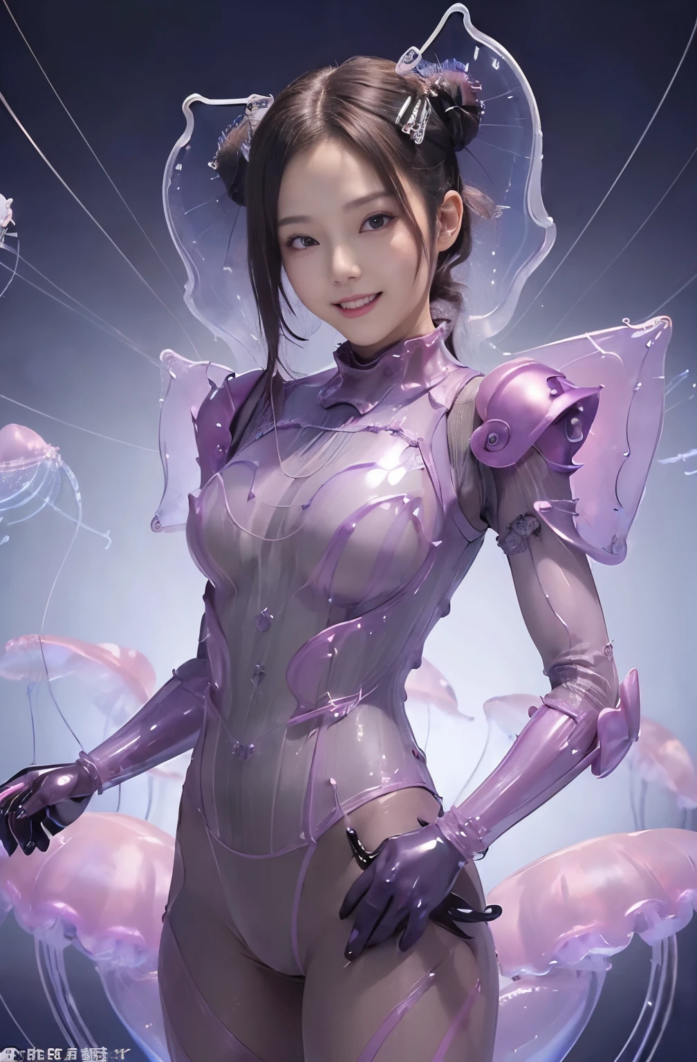 (high resolution,masterpiece,best quality,extremely detailed CG, anime, official art:1.4), realistic, photo, amazing fine details, all intricate, gloss and shiny,awesome many layers, 8k wall paper, 3d, sketch, kawaii, illustration,( solo:1.4), perfect female proportion,villainess, (fusion of jellyfish and lady:1.4), (jellyfish form lady:1.2), (jellyfish lady:1.2), (fusion:1.2), (solo:1.4), (evil smile:1.2), muscular, abs, (jellyfish exoskeleton bio insect suit:1.4), (jellyfish exoskeleton bio insect armor:1.2), (jellyfish antennae:1.4), (transparent jellyfish tentacles:1.3),big breasts