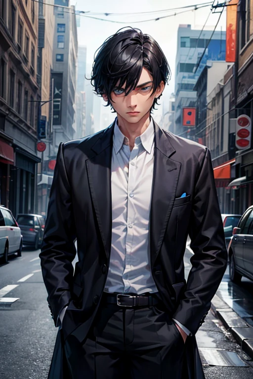 1male,solo,cool,mysterious,black hair and short hair,blue eyes,suit,over coat,his hand in pocket,mafia's boss,in party