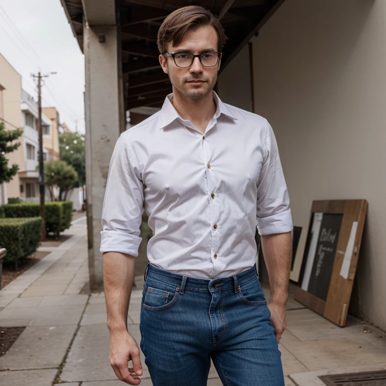 Realistic 30 year old caucasian man with short hair and glasses in formal shirt and jeans