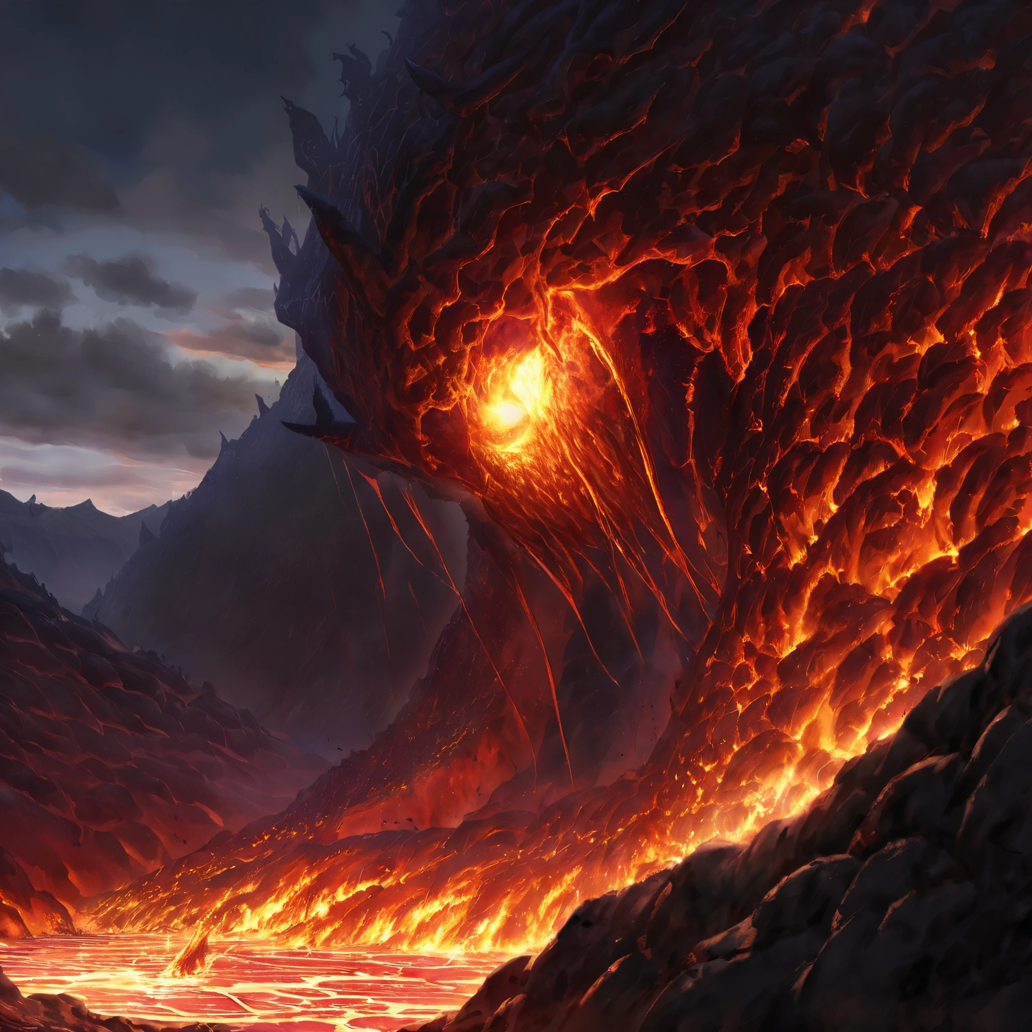 At dusk, with the lingering aftermath of a volcano, the scorching sun gradually sets in the west, and the final rays of the setting sun fall on the massive body of the lava demon. The lava demon stands by the cooled magma lake, its skin texture is clearly visible, and the traces of lava flow and cracks on its skin form a sharp contrast of light and shadow under the sunset. One side is illuminated by sunlight, with lava crystals shining with fiery light, while the other side is hidden in deep shadows, as if devouring all the light. At this moment, the lava demon lowered its head slightly, gazing at the rolling magma beneath its feet. Its muscles trembled slightly as it moved, and the lava flowed with it. The entire scene was filled with strong visual impact and realism, as if one could feel the majesty and terror of the lava demon. The scorching sun, setting sun, sunlight, shadows, the contrast between light and darkness, the contrast between light and shadow, the high light areas, dark surfaces, skin textures, traces of lava flow, cracks on the skin, lava crystals, microstructure, lava demon muscle movements, magma flow, rock fragmentation, volcanic aftershocks, cooling magma lakes, lava demon movements, lava flow and changes, and muscle movements. Authenticity, physical interaction with the environment, visual impact, realism