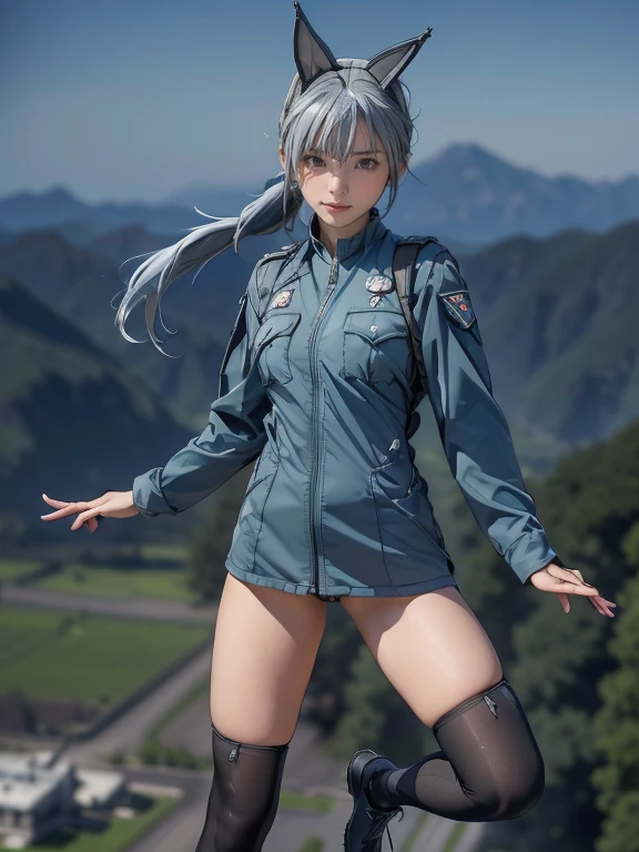 {(masterpiece,best quality, 8K UHD, extremely detailed CG, detailed beautiful face and eyes and skin and hair), (ultra detailed face)}, {(ultra realistic photo graphic style:1.4)}, {(1girl free_fall from 10000m above the ground:1.2), (out of focus background:1.4)}, {1girl, 18yo, (beasts_ears),silver_blue hair, medium hair, Ponytail hair with braids, forehead}, {(strike witches:1.4),(military shoes:1.2), (thigh-high socks),navel}, {(cheerful:1.3), (candid shot)}, {(bring knees forward:1.1), (inner thighs showing pose:1.2)}, (Boys Mk.I anti-armor rifle)