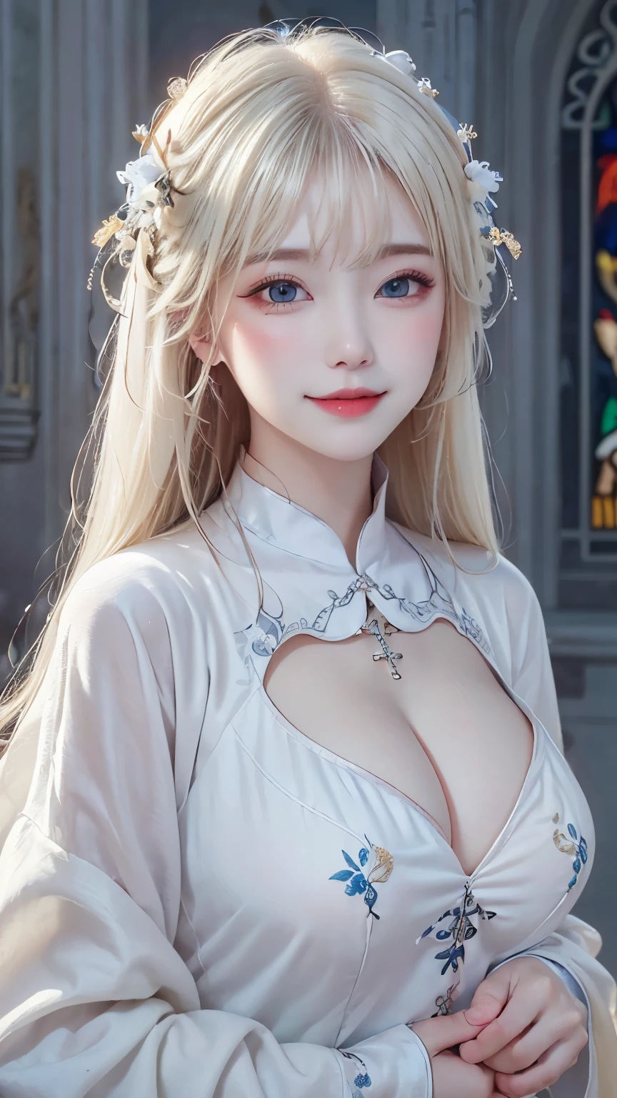 (masterpiece, highest quality: 1.2)、(White skin: 1.3)、(Beautiful Face: 1.3), (超Detailed Background, Detailed Background: 1.3)、(Droopy eyes: 1.4)、((Platinum Blonde Hair:1.4))、Blunt bangs、Long Hair、Hair swaying in the wind、((Large Breasts:1.2))、Beautiful woman like a goddess、(Gorgeous embroidered white dress)、(Detailed Church Background:1.2), (Captivating smile:1.15)、Nuns、Perfect female body