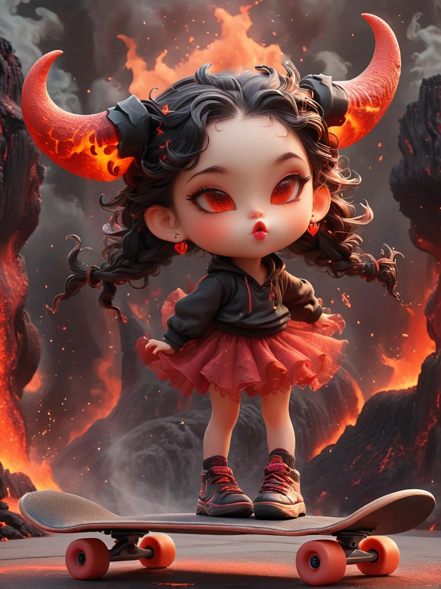 1girl, demon whose body is made of lava, With menacing horns and crimson lava skin, strike a playful pose, Standing on a skateboard, (one eye Close:1.6), Red Eyes, Pouting cute little mouth, Swirling tendrils of smoke leave behind them, proudly, (Volcanic magma background), (The Abyss of Hell), Cartoon Style, full-body shot, Created with C4D and Blender, Blind box toy styles, precise, Super Detail, Anatomically correct, masterpiece