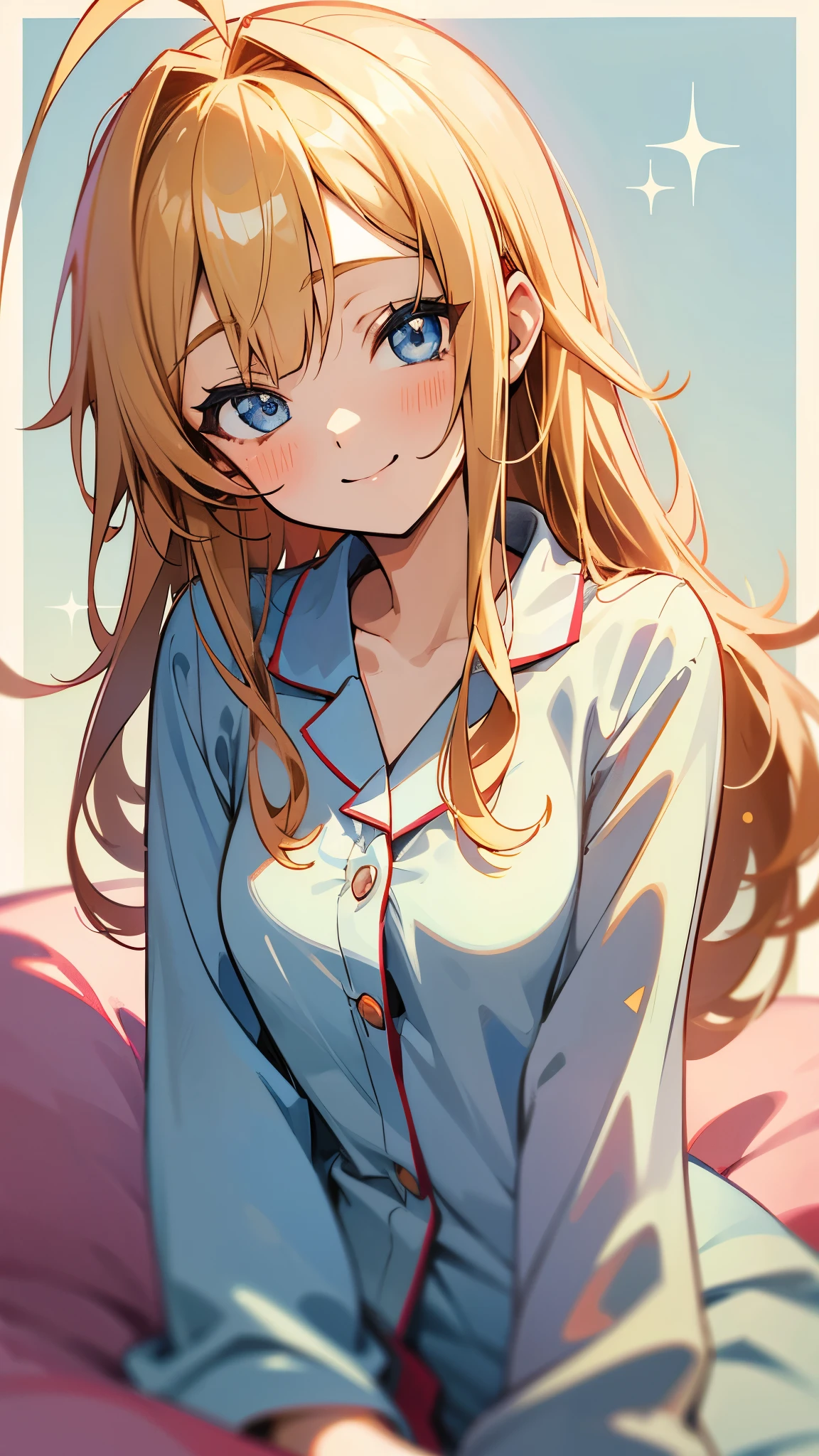 18-year-old girl sitting on bed、alone、Anime style painting、Wearing pajamas、String Maki, hairpin, blonde, Long Hair, (Sparkling blue eyes)、Ahoge２Book、smile、smile、The soft texture of pajamas、Upper body close-up、Red and blue based colors、Background Blur、Depth of the drawn border