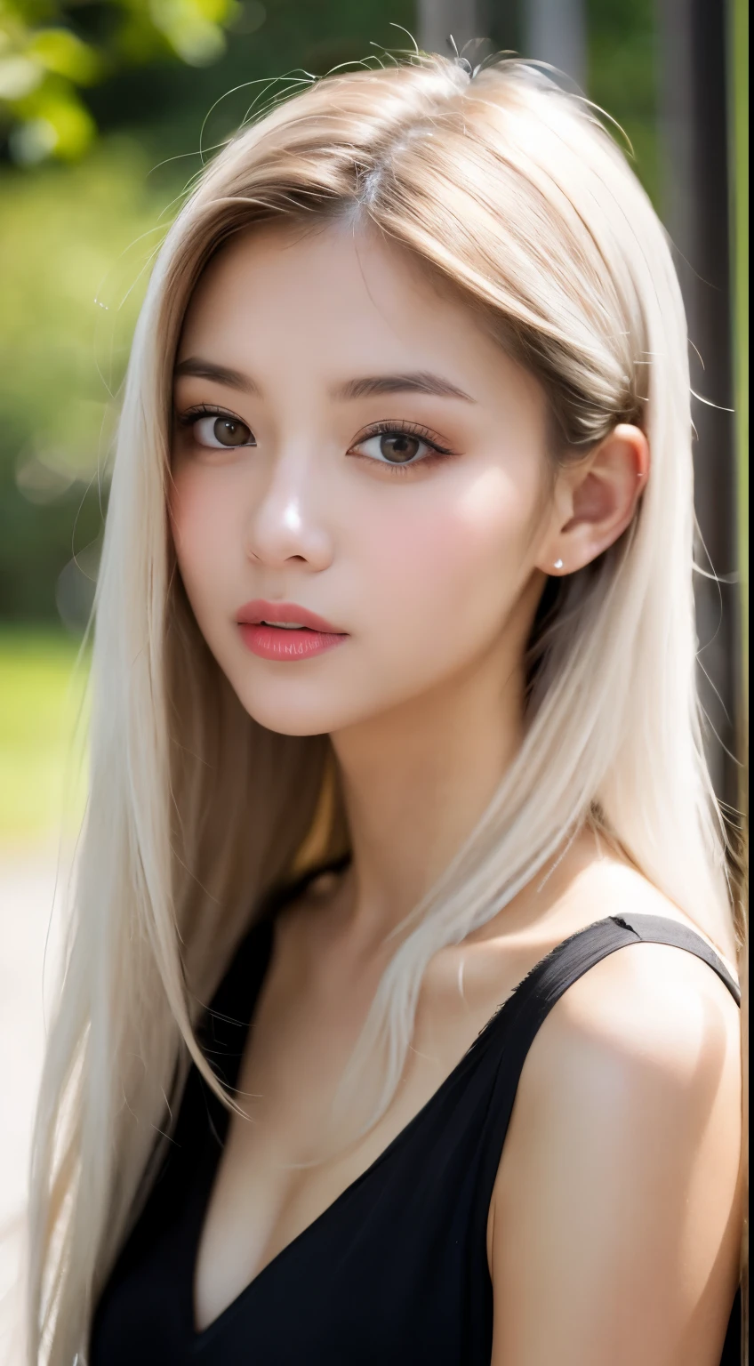 The young woman was in her s., Her hair was long, White Facial, Bold Oriental Eyes, Sexy lips. She's half android、In other words, half human and half mechanical.. She is wearing a futuristic high ., From above, the uniform is white., From below, the uniform is gray.. Her uniform is made of iron、There is a red sphere on his chest。. Her eyes are as sharp as an eagle's. She is standing in a garden where everything is futuristic and mechanical.. The bright light of the morning and the flames from the sun made her look like an angel on her head.. Surreal, photographrealistic, CG, photograph, Attention to detail, close, Portraiture.