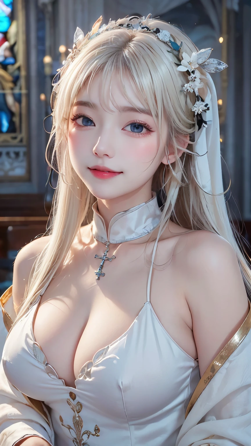 (masterpiece, highest quality: 1.2)、(White skin: 1.3)、(Beautiful Face: 1.3), (超Detailed Background, Detailed Background: 1.3)、(Droopy eyes: 1.4)、((Platinum Blonde Hair:1.4))、Blunt bangs、Long Hair、Hair swaying in the wind、((Large Breasts:1.2))、Beautiful woman like a goddess、(Gorgeous embroidered white dress)、(Detailed Church Background:1.2), (Captivating smile:1.15)、Nuns、Perfect female body