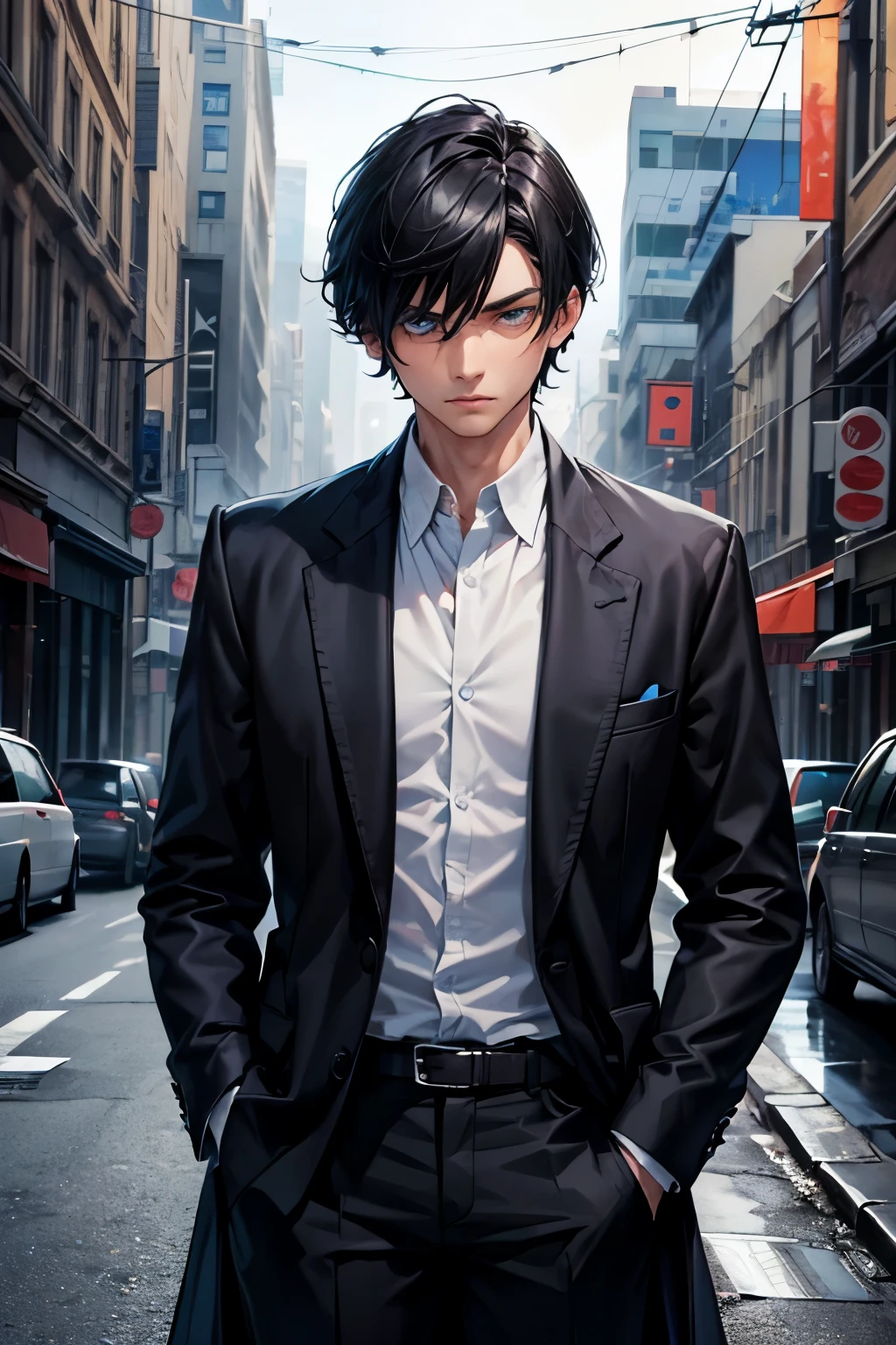 1male,solo,cool,mysterious,black hair and short hair,blue eyes,suit,over coat,his hand in pocket,mafia's boss,in party