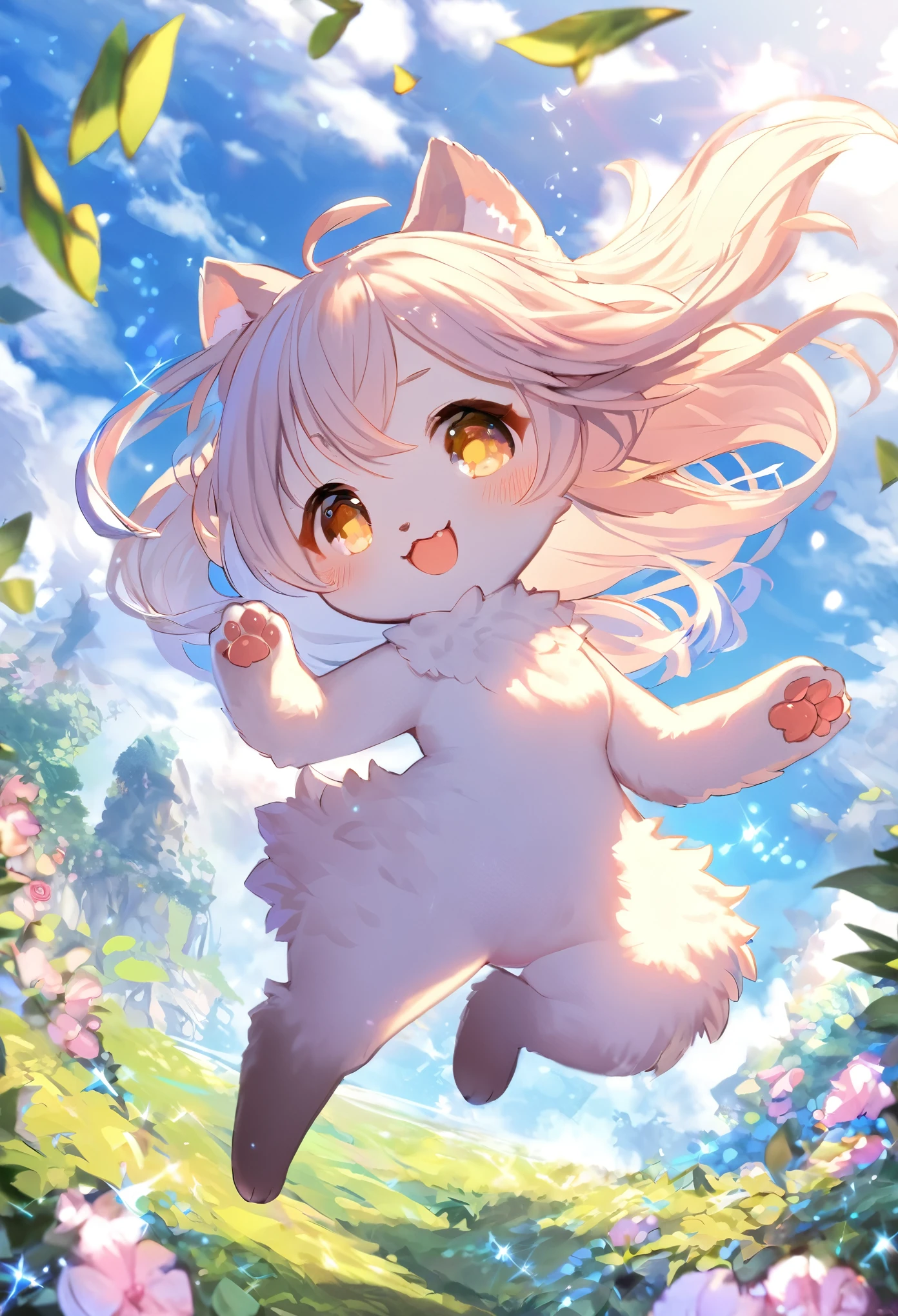 a fluffy and sparkling fantasy world where a very cute beast girl skips and jumps in a good mood, best quality, super fine, 16k
