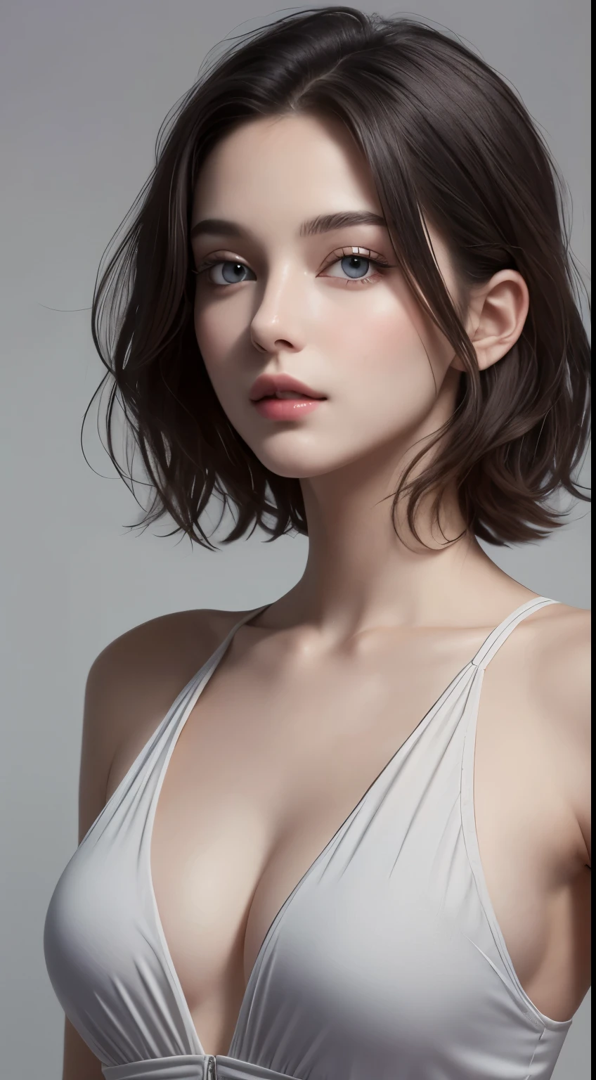 8K uhd、RAWphotograph、モデルphotograph撮影、 European race、(masterpiece、highest quality、Photorealistic、High resolution、photograph:1.3)、Close-up、Focusing、Hot Model、slim、30 year old mature woman、Small face、No makeup、Short Hair、Dark Brown Hair、Fine beautiful eyes、Real Skin、(perfect body)、Detailed beautiful eyes、Glossy lips、Small breasts、Small breasts、Bust B cup、Realistic details、Cool beauty、Cool pose、Background gray、Plain grey background、