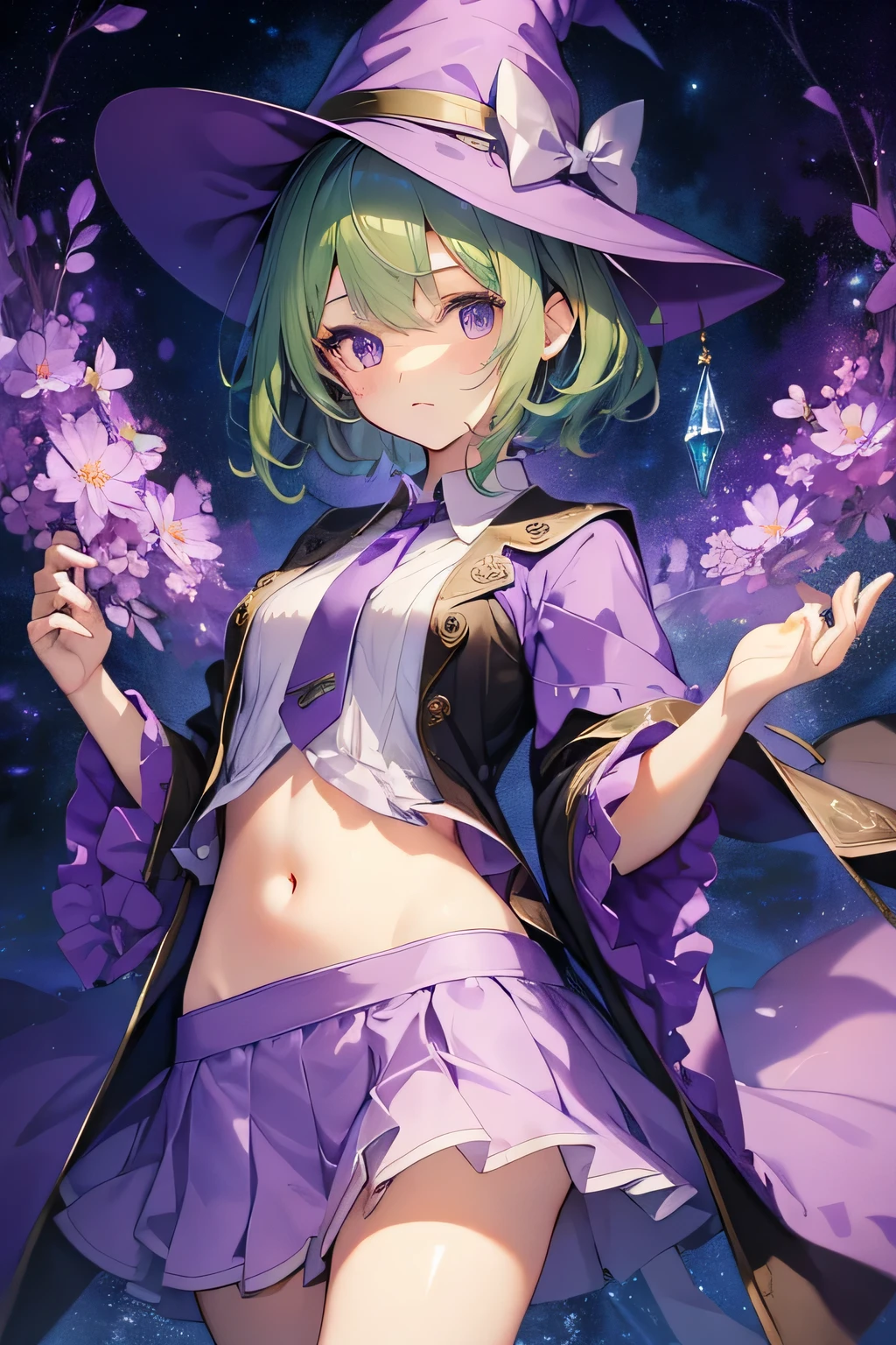 highest quality、Very delicate and beautiful、(Teenage Girls)、Beautiful eyes、Beautiful Eyes、Purple Eyes、Green Hair、Short-haired、(Purple Witch Hat)、Purple tie、I、Short sleeve、Purple Skirt,Purple Wizard Robe、belly button、standing、Facing forward